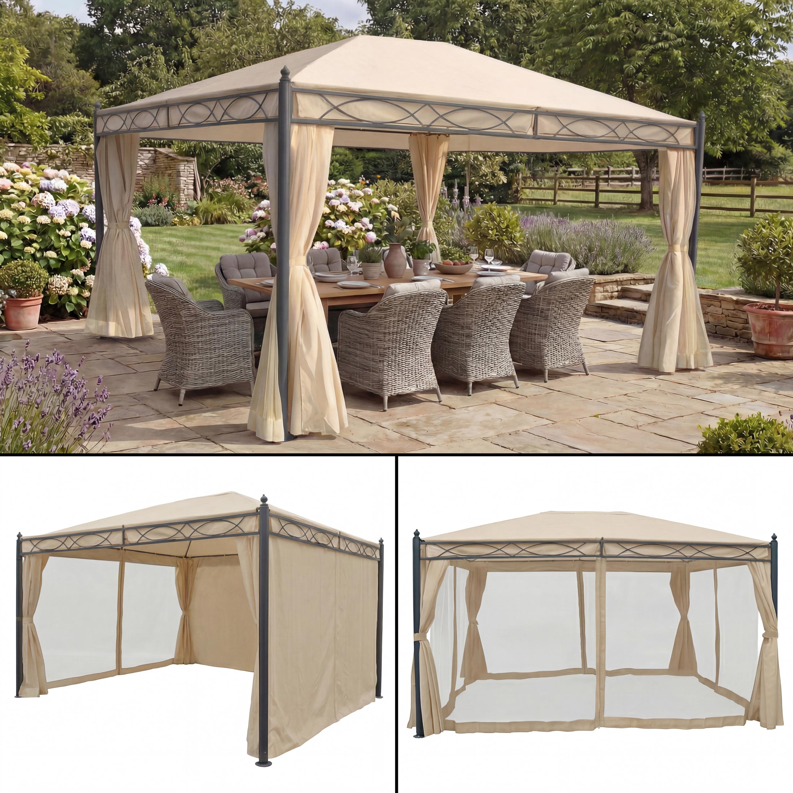 Pergola Calpe, Garten Pavillon, stabiles 7cm-Gestell mit Seitenwand + Moskitonetz ~ creme 4x3m - Bild 1