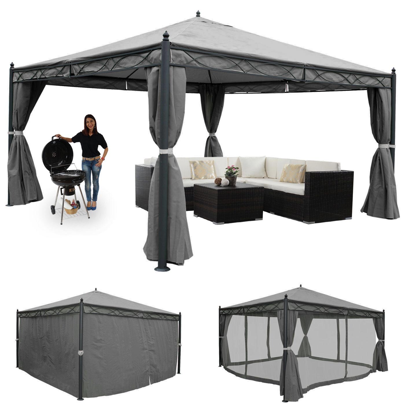 Pergola Calpe, Garten Pavillon, stabiles 7cm-Gestell mit Seitenwand + Moskitonetz ~ grau 4x4m | 04057651269467