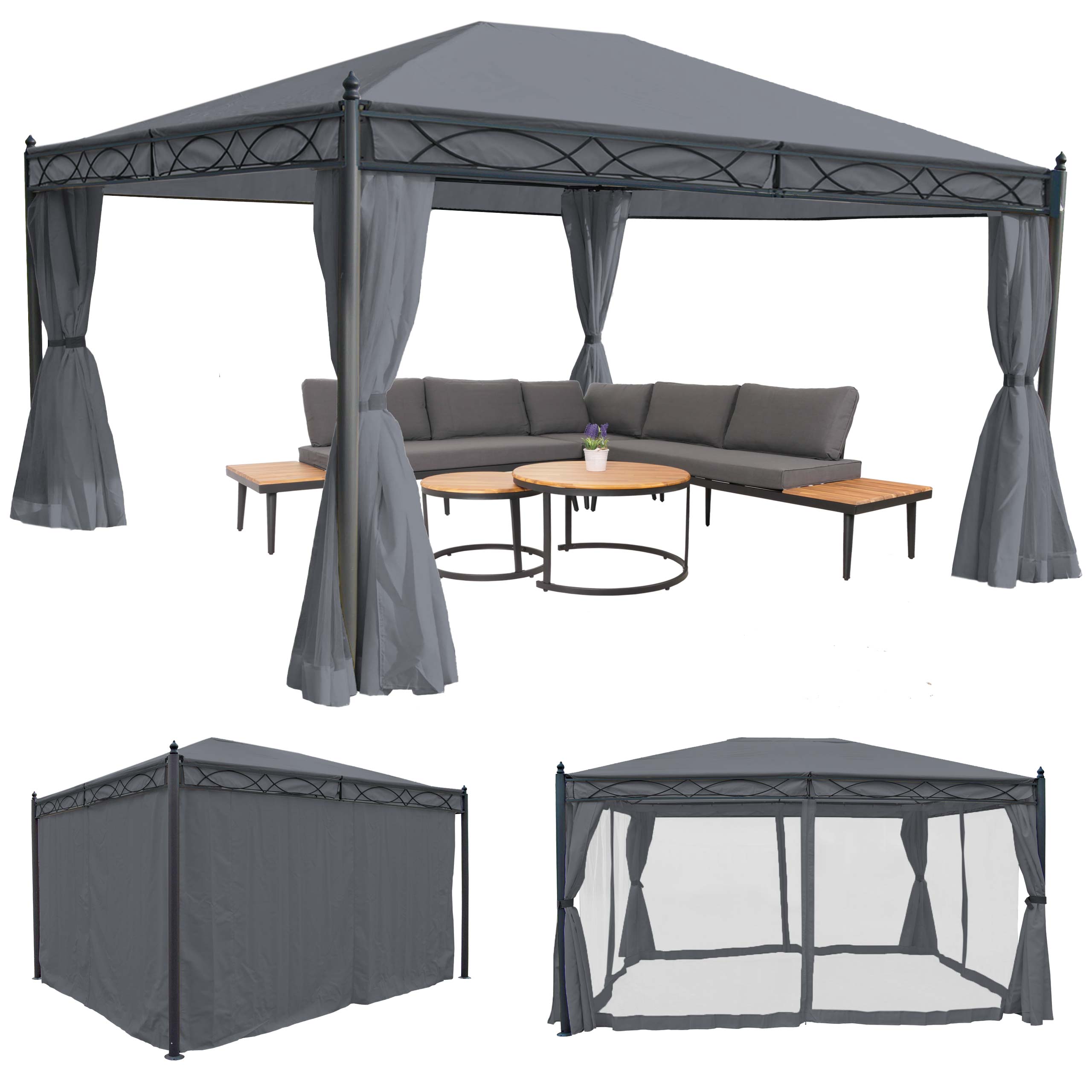 Pergola Calpe, Garten Pavillon, stabiles 7cm-Gestell mit Seitenwand + Moskitonetz ~ grau 4x3m - Bild 1