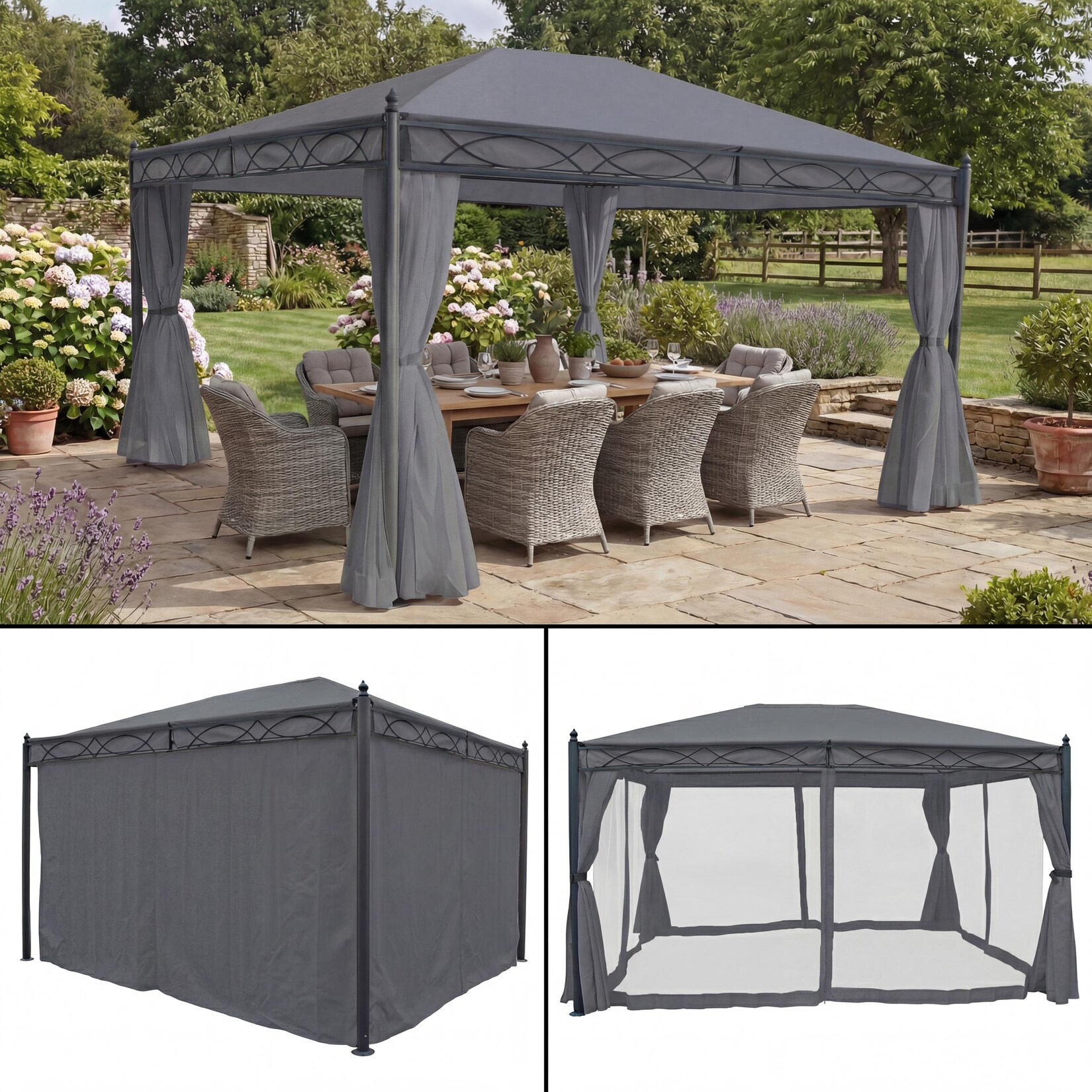 Pergola Calpe, Garten Pavillon, stabiles 7cm-Gestell mit Seitenwand + Moskitonetz ~ grau 4x3m
