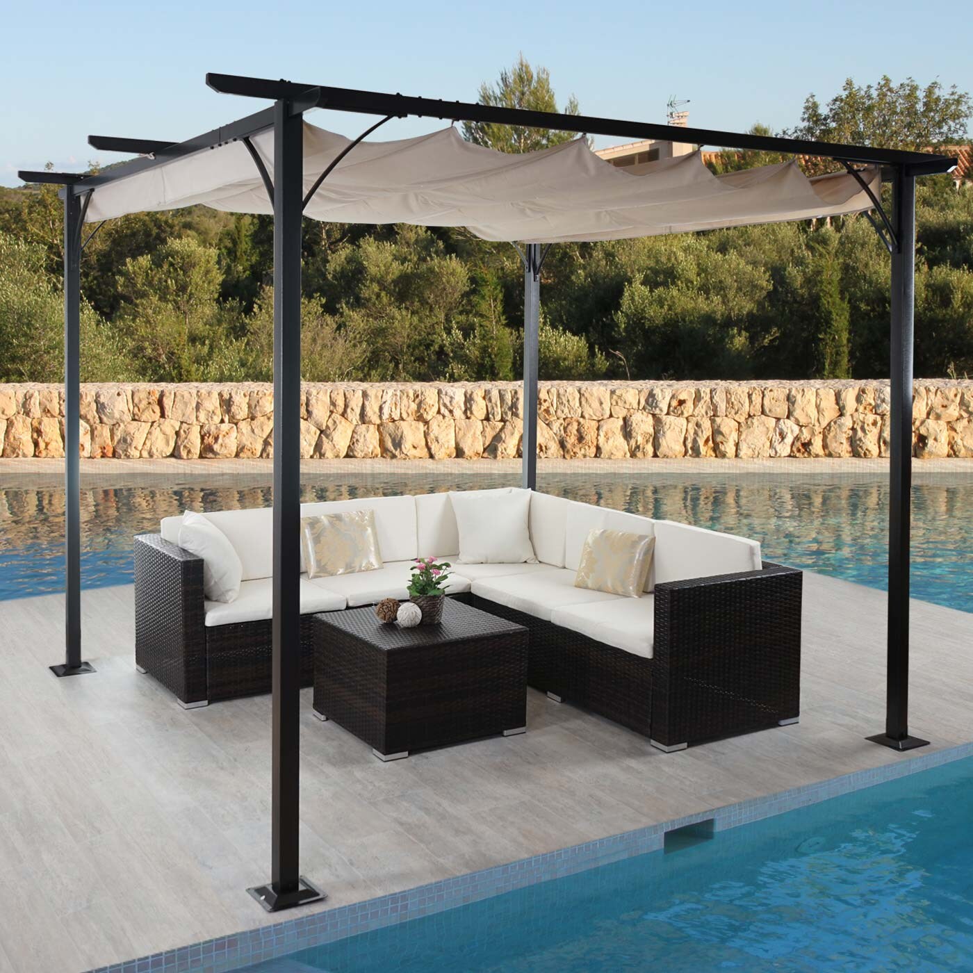 Pergola MCW-C42, Garten Pavillon, stabiles 6cm-Gestell + Schiebedach ~ creme 3x3m | 04057651088488
