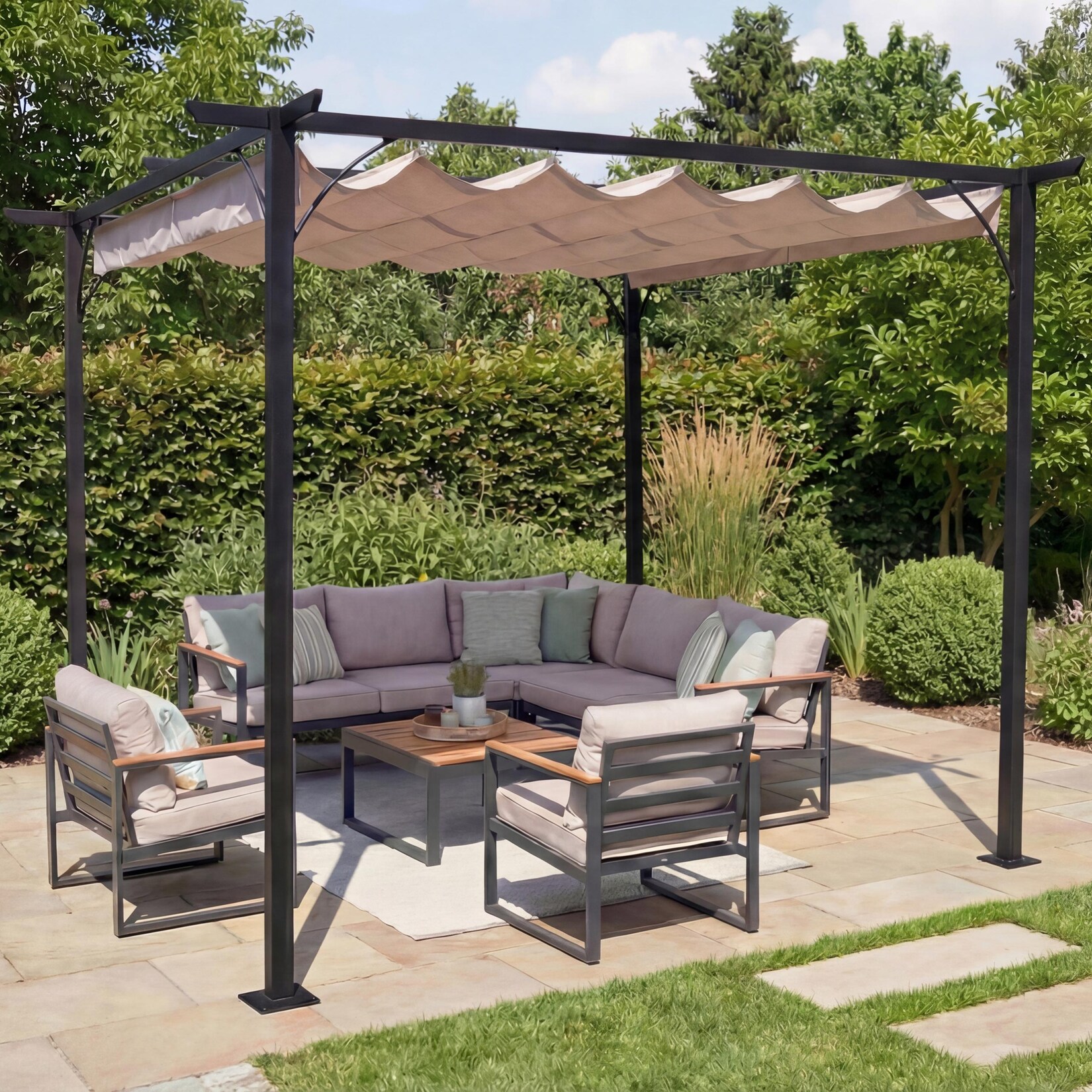 Pergola MCW-C42, Garten Pavillon, stabiles 6cm-Gestell + Schiebedach ~ 3,5x3,5m creme