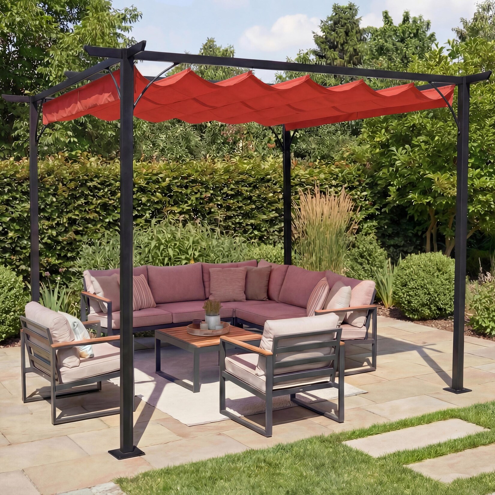 Pergola MCW-C42, Garten Pavillon, stabiles 6cm-Gestell + Schiebedach ~ 3x3m terracotta