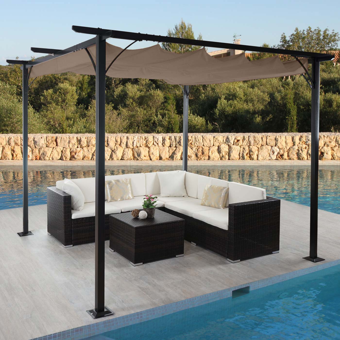 Pergola MCW-C42, Garten Pavillon, stabiles 6cm-Gestell + Schiebedach ~ 3x3m taupe-braun - Bild 1
