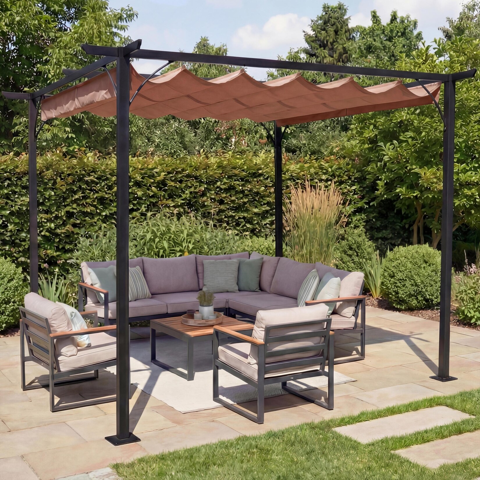 Pergola MCW-C42, Garten Pavillon, stabiles 6cm-Gestell + Schiebedach ~ 3x3m taupe-braun