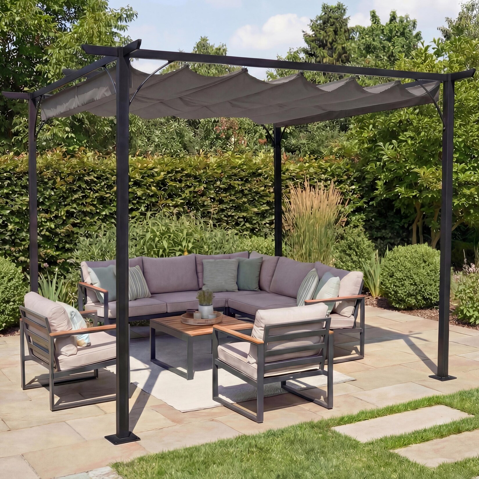 Pergola MCW-C42, Garten Pavillon, stabiles 6cm-Gestell + Schiebedach ~ 3x3m grau