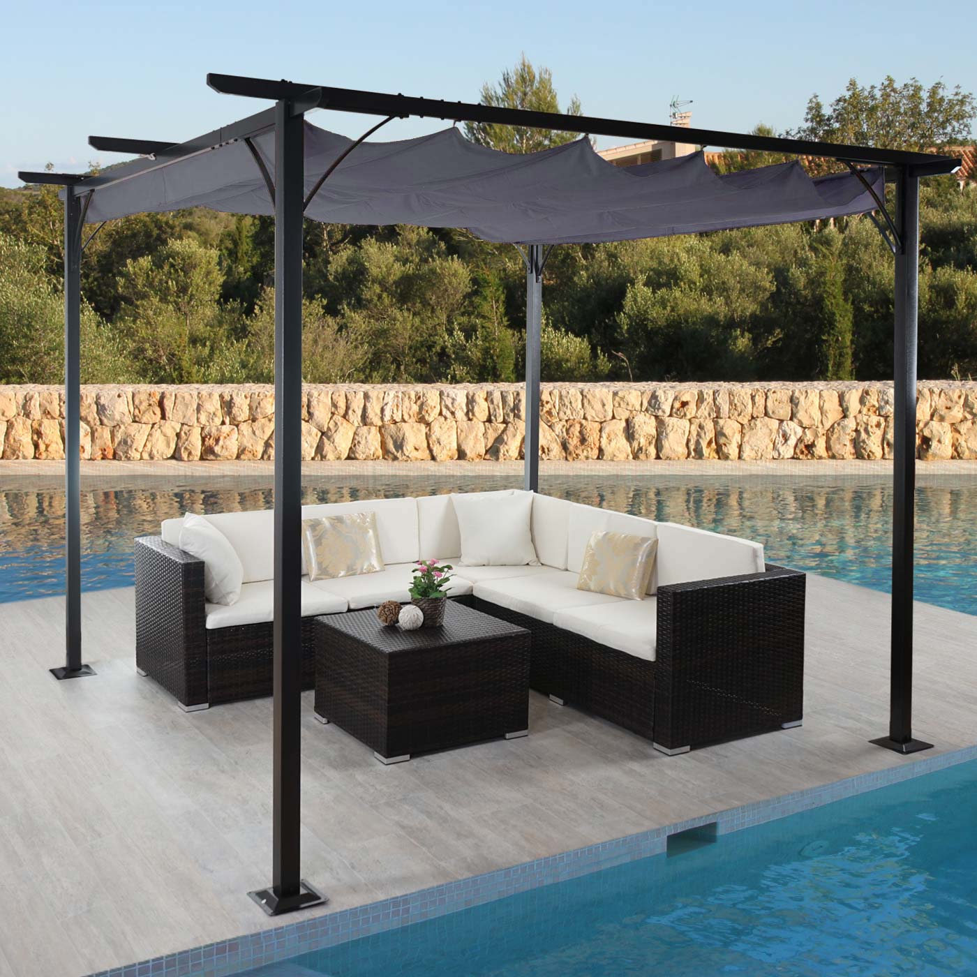 Pergola MCW-C42, Garten Pavillon, stabiles 6cm-Gestell + Schiebedach ~ 3,5x3,5m grau - Bild 1
