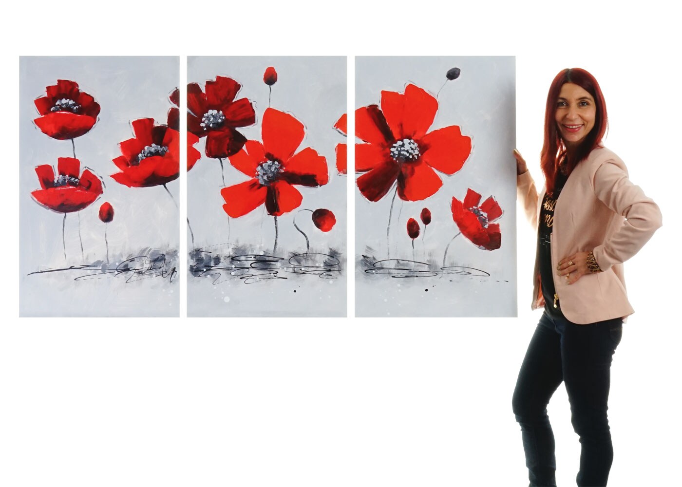 Wandbild Mohnblume, 100% handgemaltes Ölgemälde Gemälde XL, 165x90cm | 04057651056005