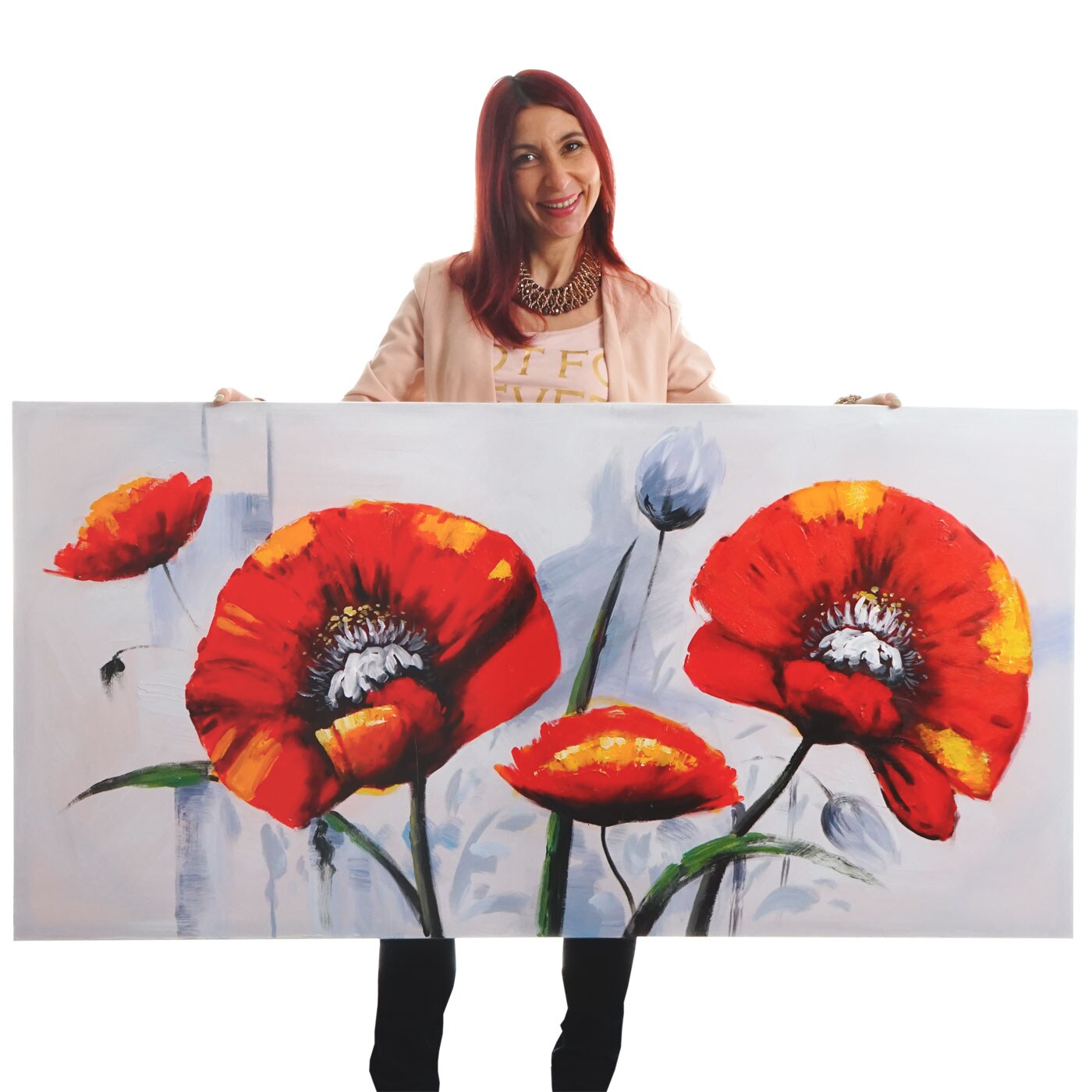 Wandbild Roter Mohn, 100% handgemaltes Ölgemälde Gemälde XL, 140x70cm