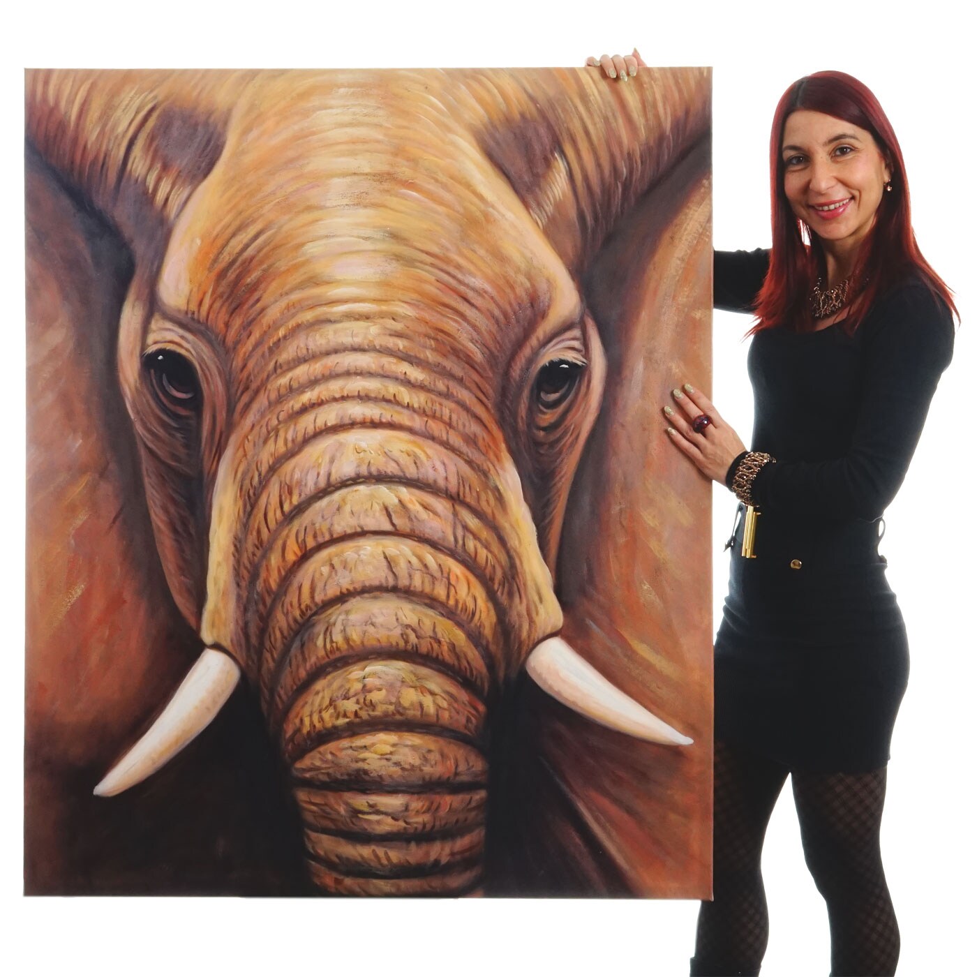 Wandbild Nahaufnahme Elefant, 100% handgemaltes Ölgemälde Gemälde XL, 120x100cm