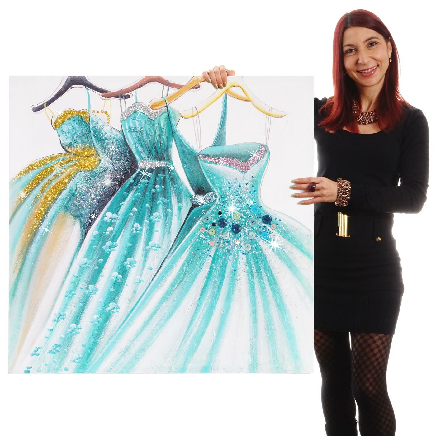 Wandbild Gr&uuml;ne Kleider, 100% handgemaltes &Ouml;lgem&auml;lde 3D-Bild Gem&auml;lde XL, 90x90cm - Bild 1