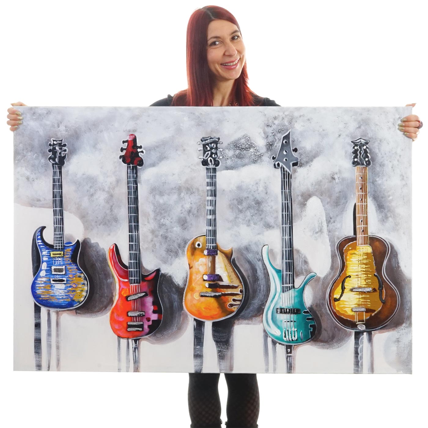 Wandbild Gitarren, 100% handgemaltes &Ouml;lgem&auml;lde 3D-Bild Gem&auml;lde XL, 120x80cm - Bild 1