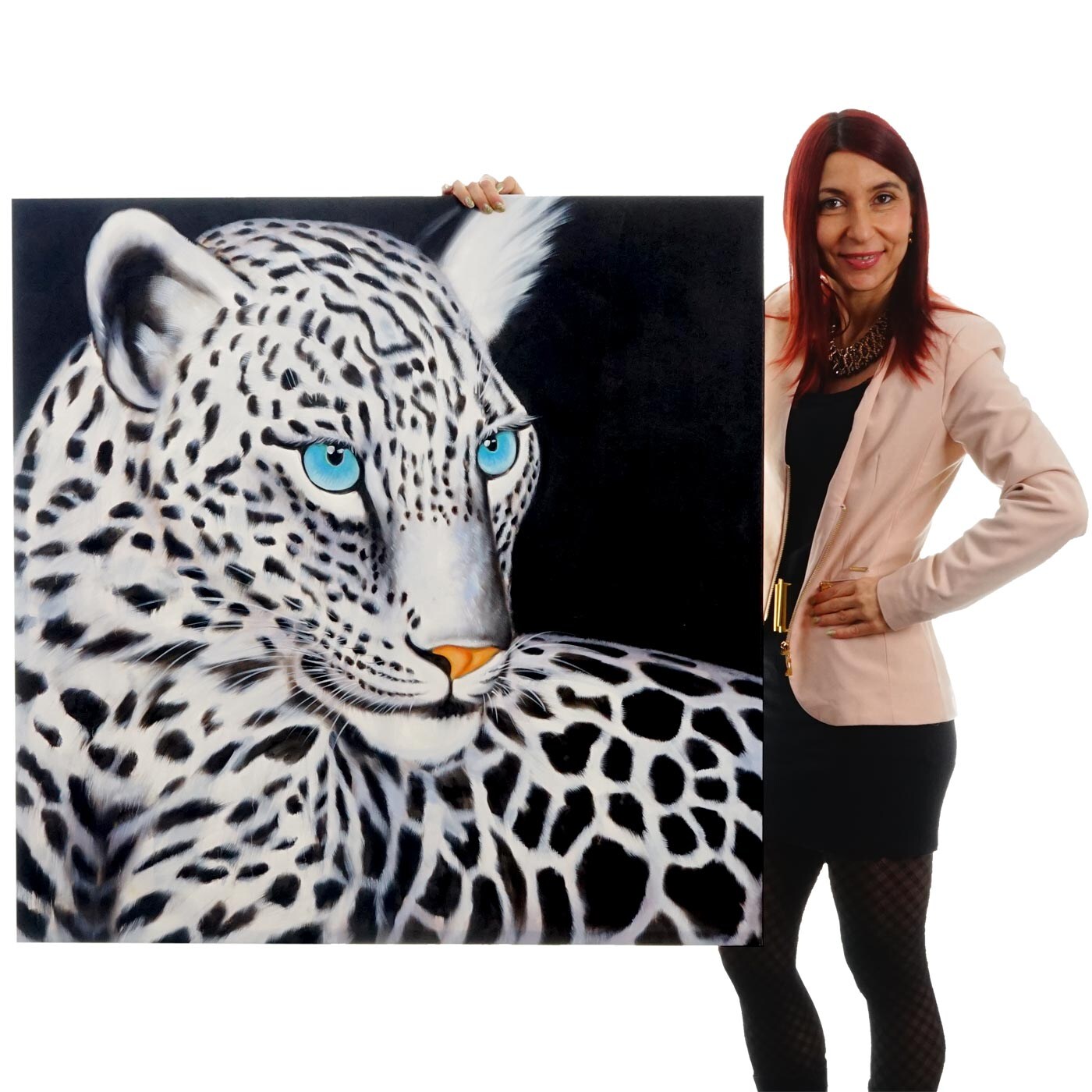 Wandbild Weißer Leopard, 100% handgemaltes Ölgemälde Gemälde XL, 100x100cm