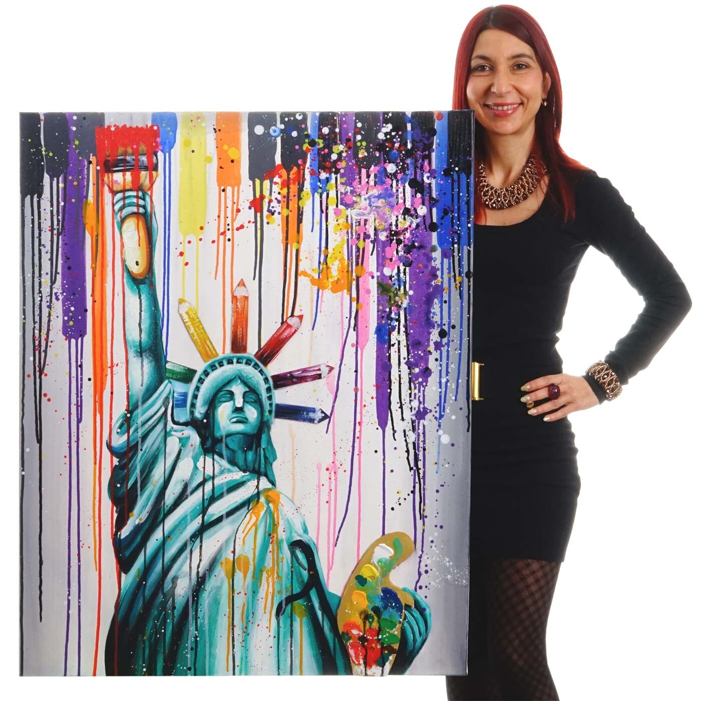 Wandbild Freiheitsstatue, 100% handgemaltes Ölgemälde 3D-Bild Gemälde XL, 100x80cm