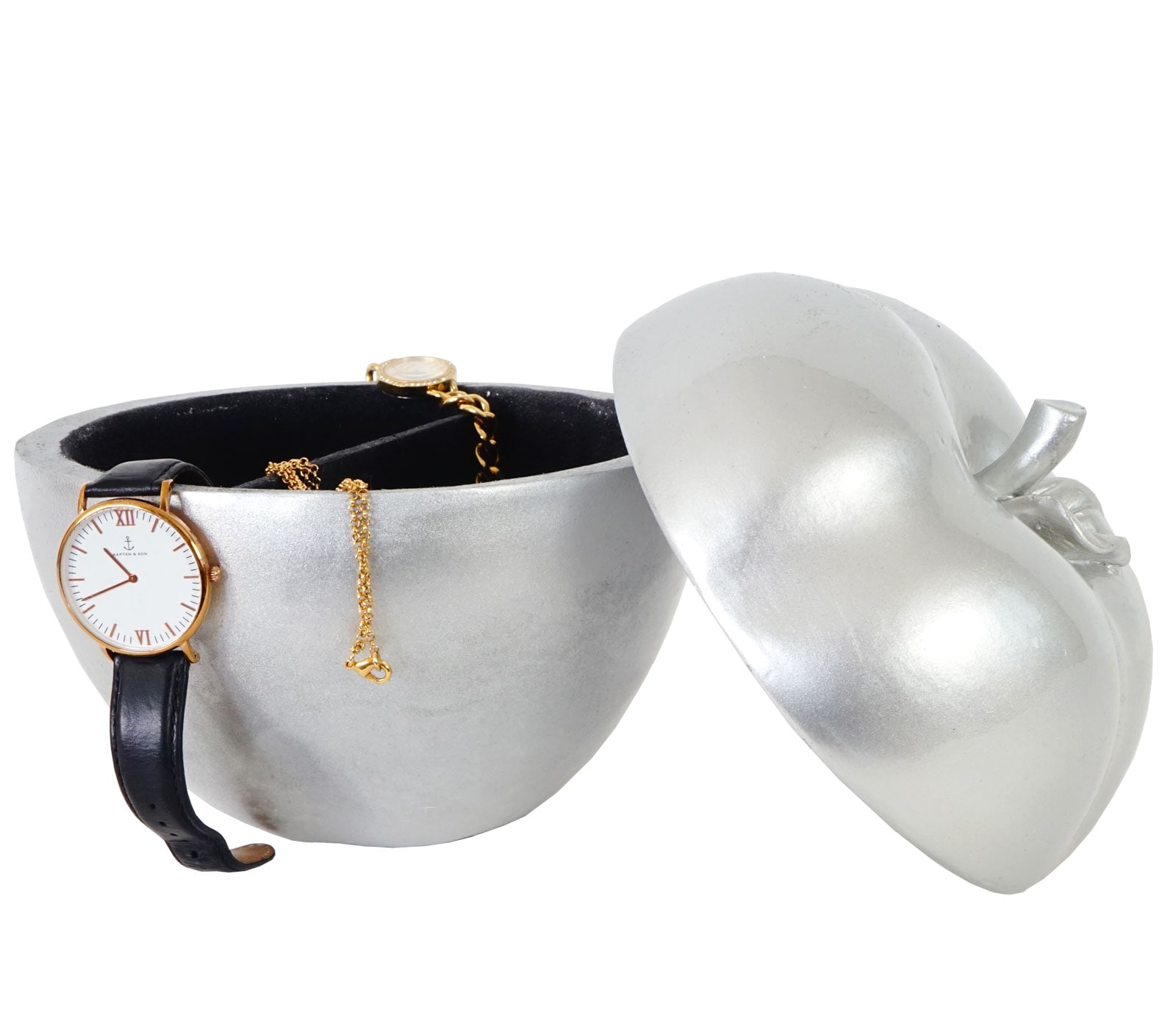 Schmuckdose 21cm, Polyresin Kosmetikdose Deko Figur Apfel, silber - Bild 1