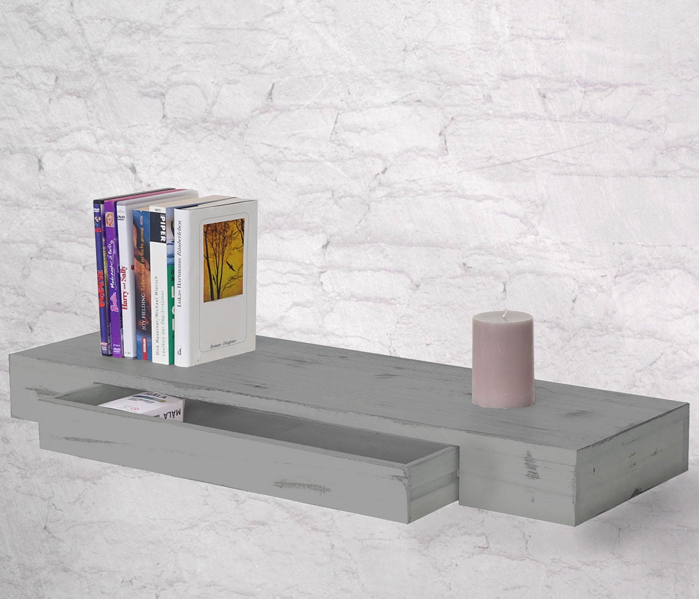 Wandregal Cher, H&auml;ngeregal Regal, 80cm Schublade ~ grau, shabby - Bild 1