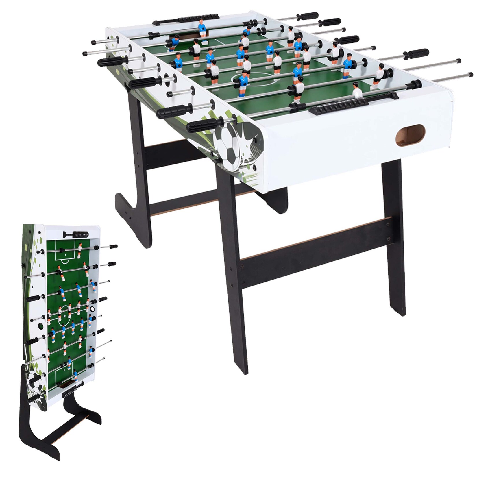 Tischkicker Manchester, Kicker Kickertisch Tischfussball, klappbar 84x121x105 ~ weiß/grün Fußballmotiv | 04057651538464