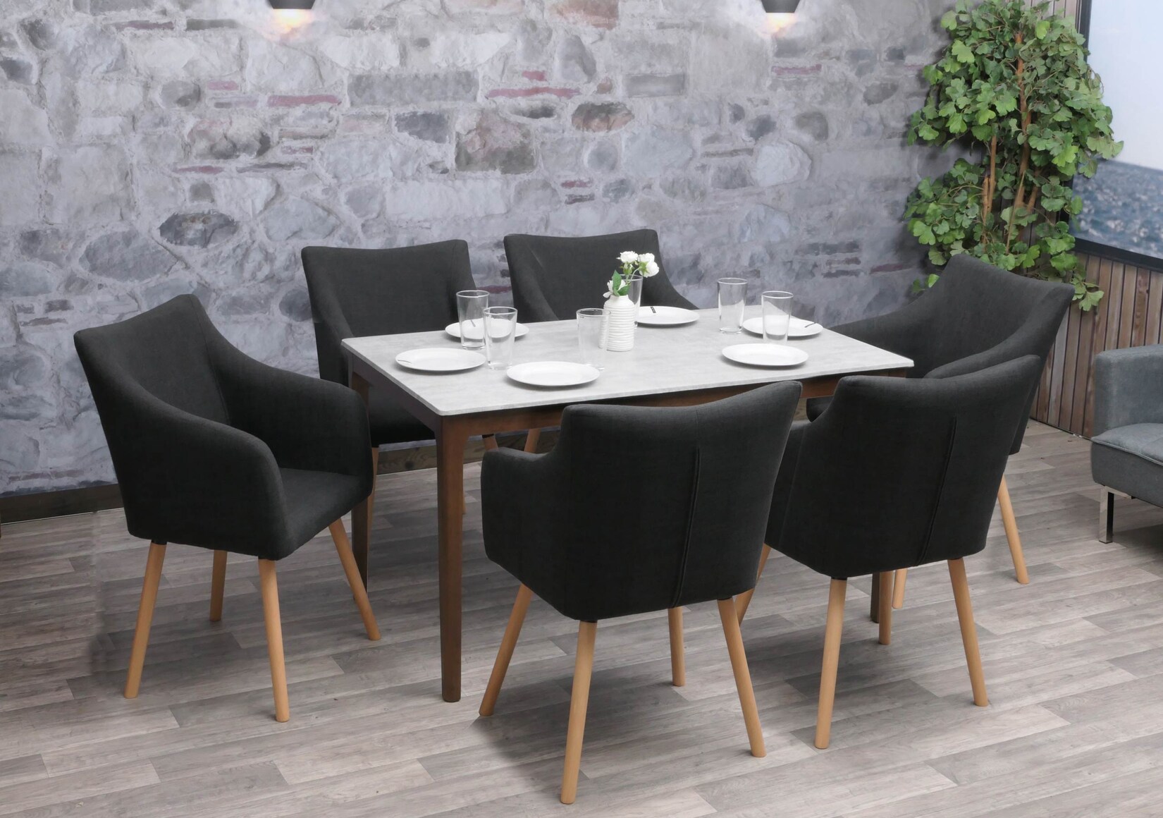 6er-Set Esszimmerstuhl Vaasa T382, Stuhl Küchenstuhl, Retro 50er Jahre Design ~ Textil, dunkelgrau | 04052826177646