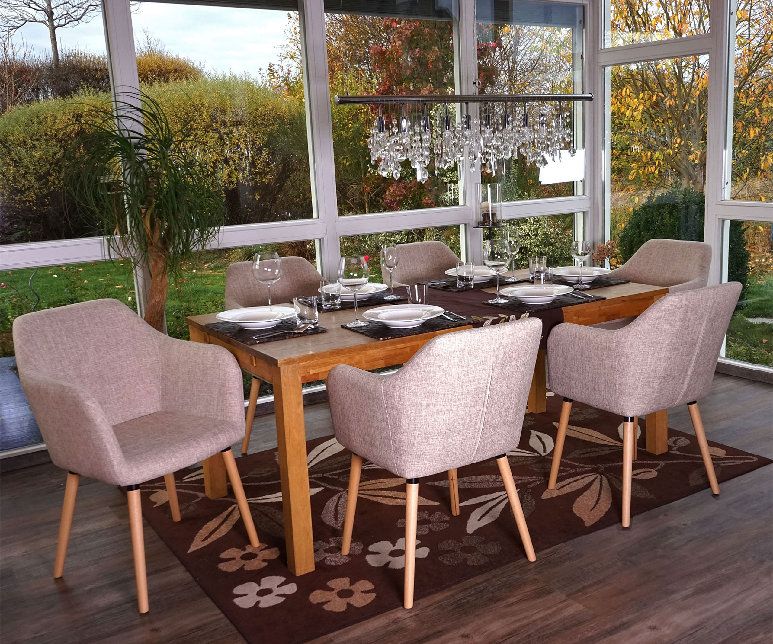 6er-Set Esszimmerstuhl Vaasa T381, Stuhl K&uuml;chenstuhl, Retro 50er Jahre Design ~ Textil, creme/grau, helle Beine - Bild 1