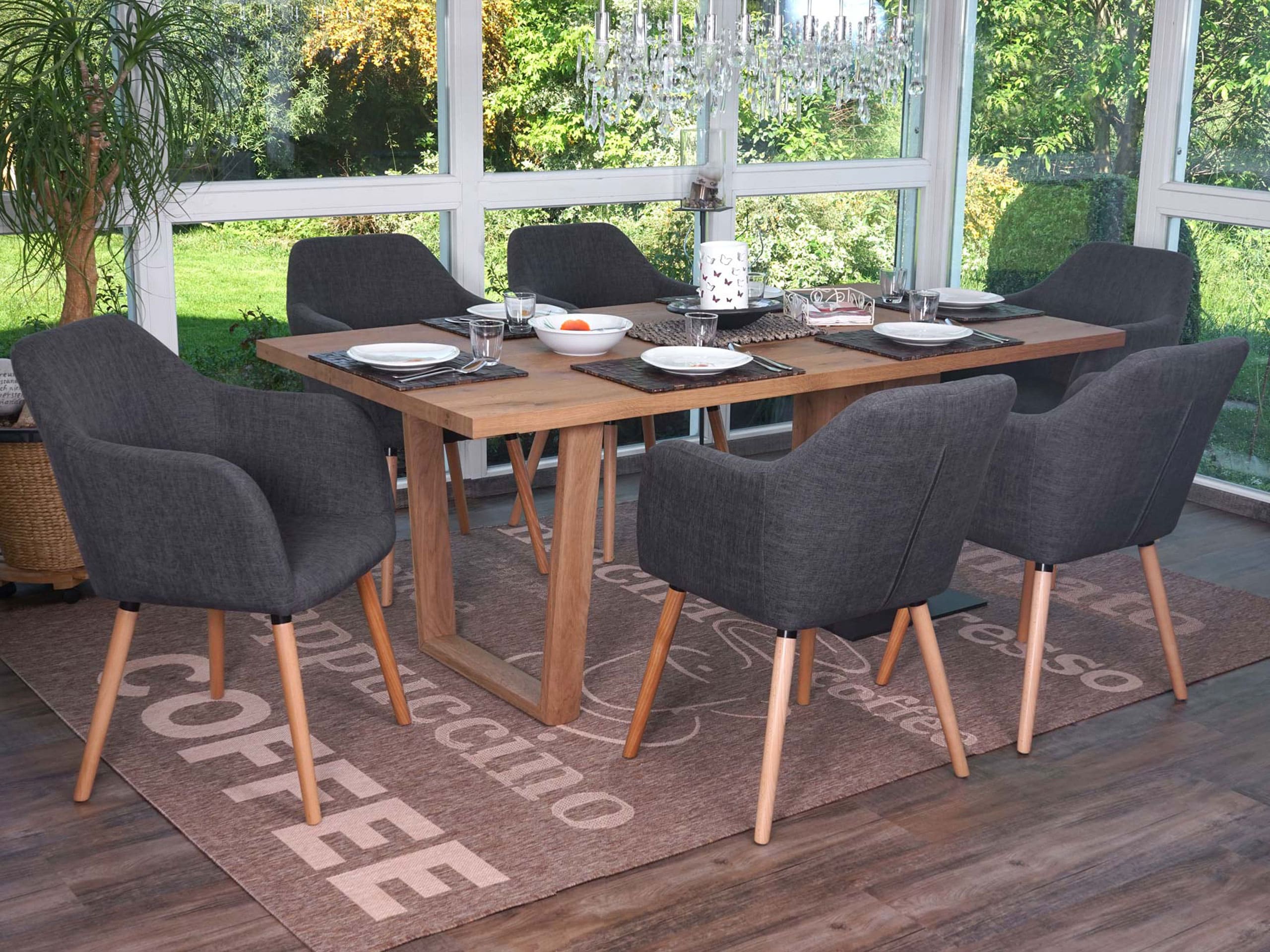 6er-Set Esszimmerstuhl Vaasa T381, Stuhl K&uuml;chenstuhl, Retro 50er Jahre Design ~ Textil, grau, helle Beine - Bild 1