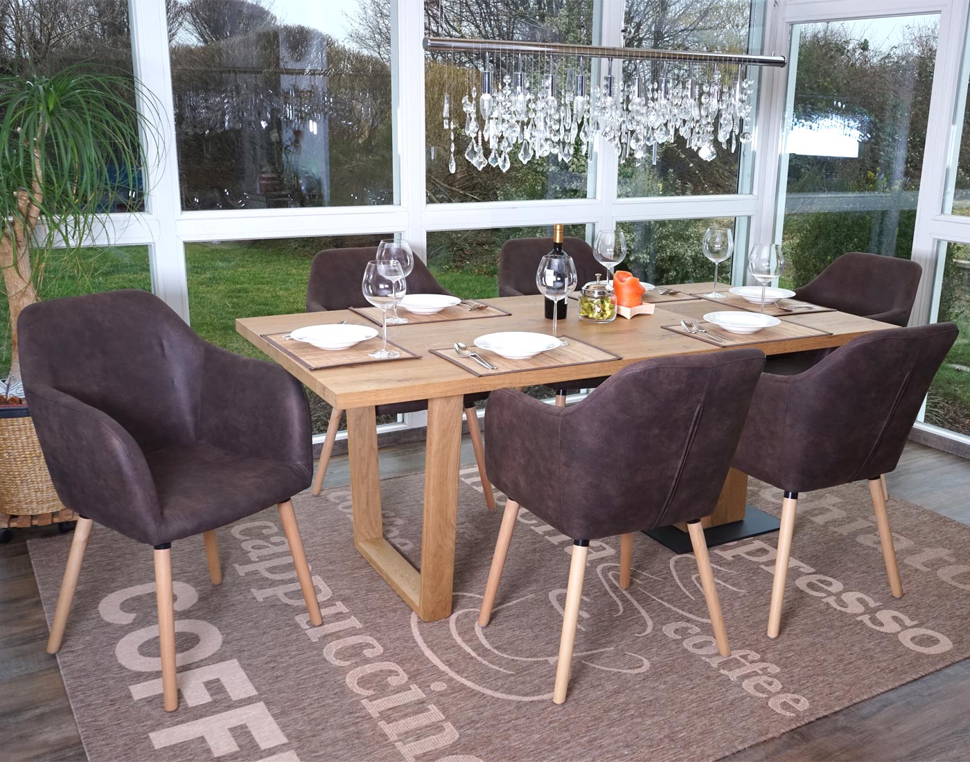 6er-Set Esszimmerstuhl Vaasa T381, Stuhl K&uuml;chenstuhl, Retro 50er Jahre Design ~ Textil, vintage dunkelbraun, helle Beine - Bild 1