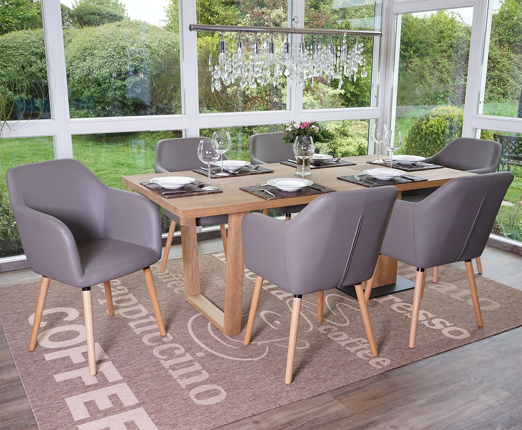 6er-Set Esszimmerstuhl Vaasa T381, Stuhl K&uuml;chenstuhl, Retro 50er Jahre Design ~ Kunstleder, taupe-grau, helle Beine - Bild 1