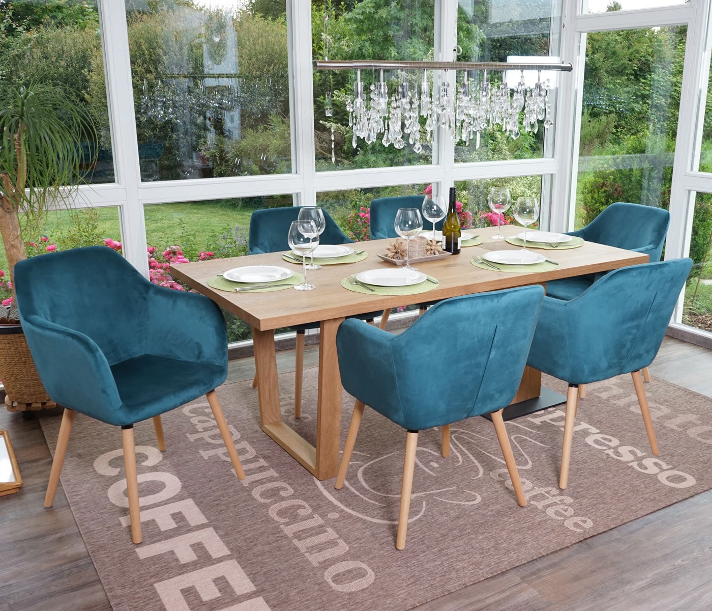 6er-Set Esszimmerstuhl Vaasa T381, Stuhl K&uuml;chenstuhl, Retro 50er Jahre Design ~ Samt, petrol-blau, helle Beine - Bild 1