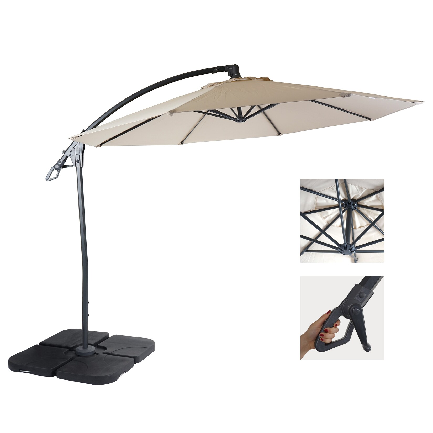Deluxe Ampelschirm MCW-D14, Sonnenschirm, rund Ø 3m Polyester Alu/Stahl 14kg ~ creme-weiß mit Ständer | 04052826174980