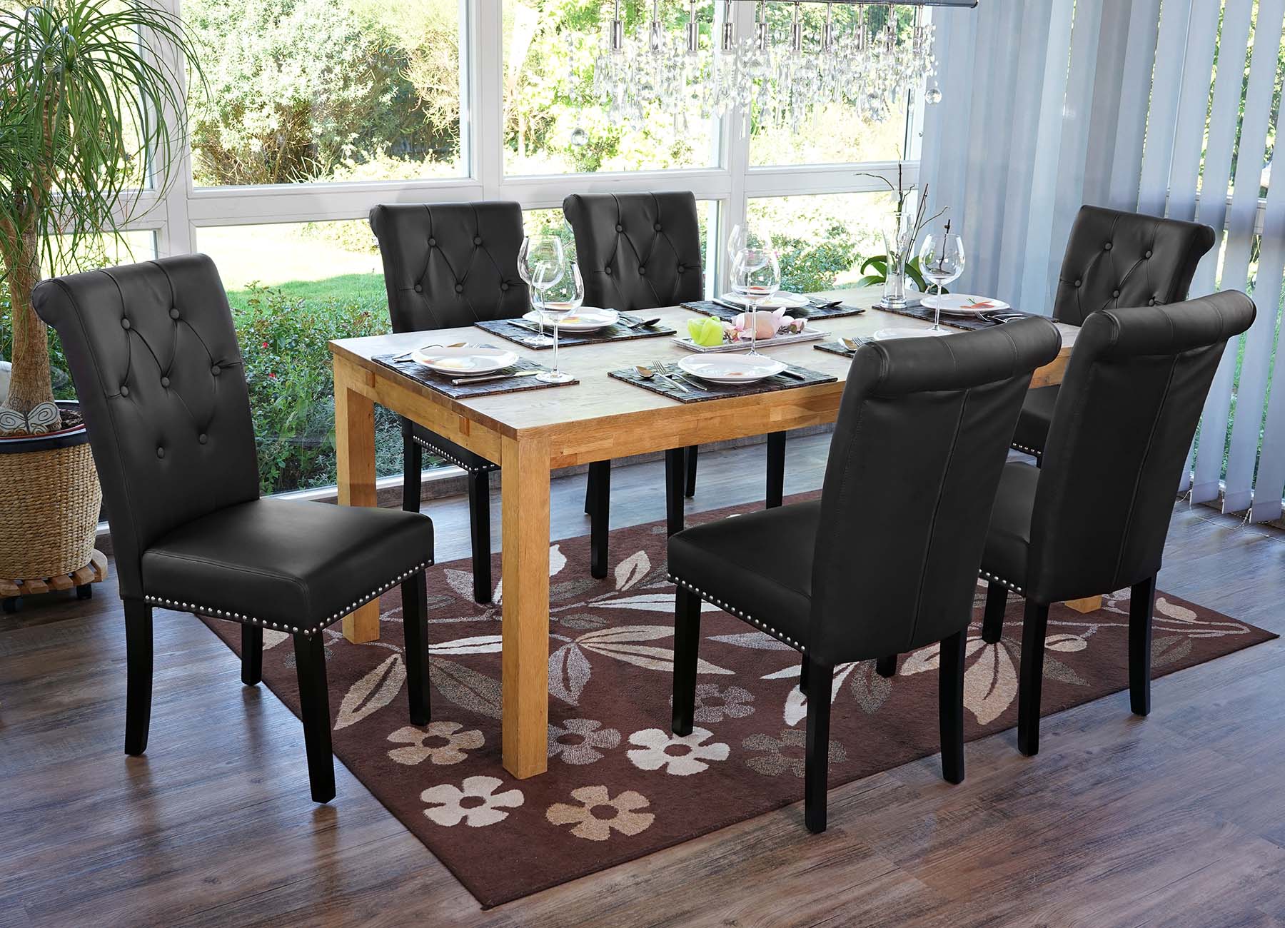 6er-Set Esszimmerstuhl Chesterfield Edinburgh II, Stuhl K&uuml;chenstuhl, Nieten ~ Kunstleder, schwarz, dunkle Beine - Bild 1