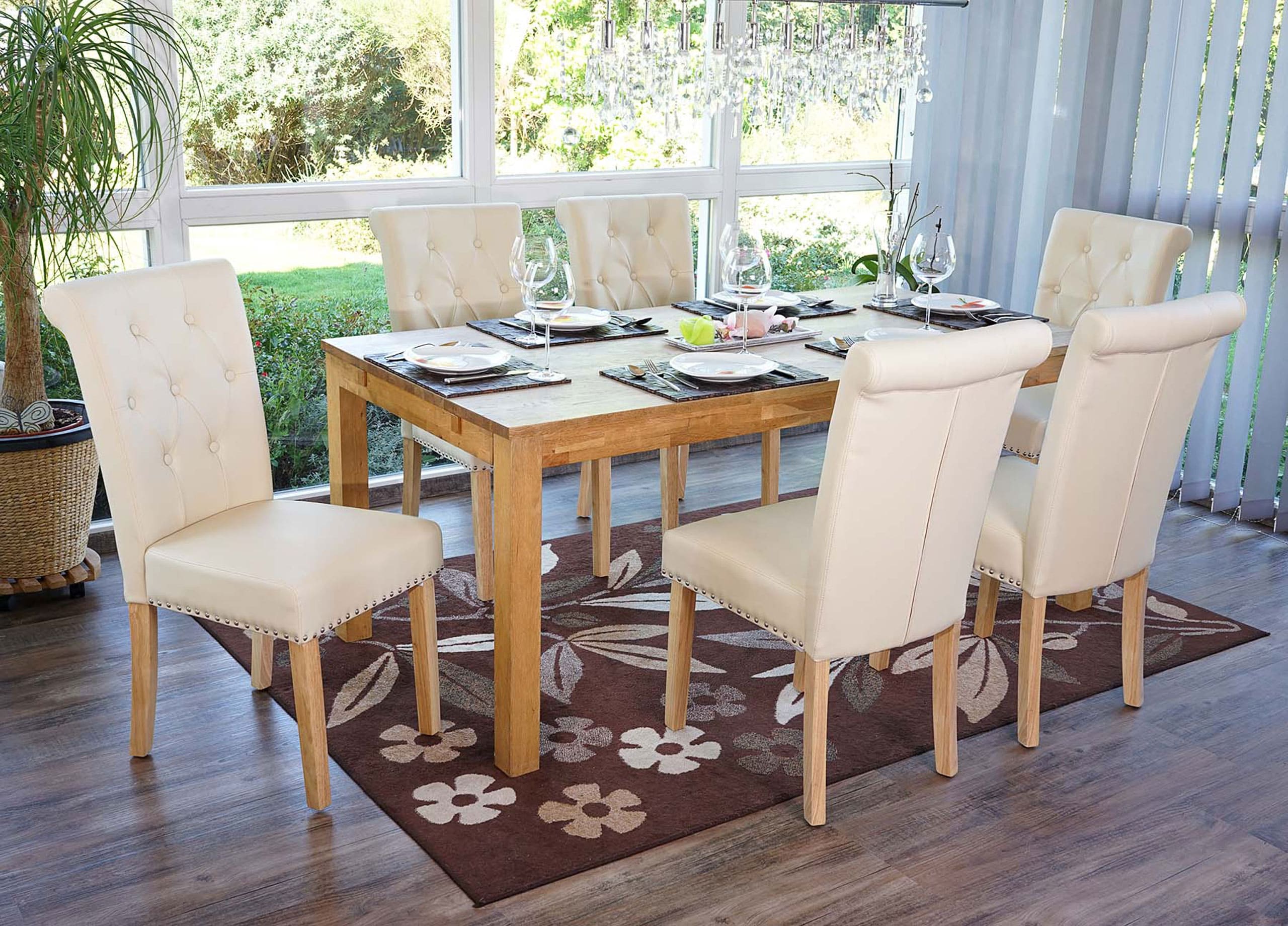 6er-Set Esszimmerstuhl Chesterfield Edinburgh II, Stuhl K&uuml;chenstuhl, Nieten ~ Kunstleder, creme, helle Beine - Bild 1