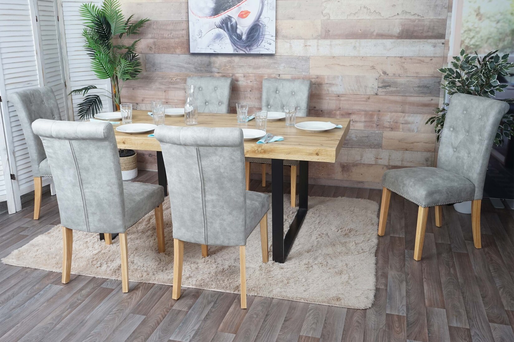 6er-Set Esszimmerstuhl Chesterfield II, Stuhl Küchenstuhl, Nieten ~ Stoff/Textil hellgrau, helle Beine | 04057651537634