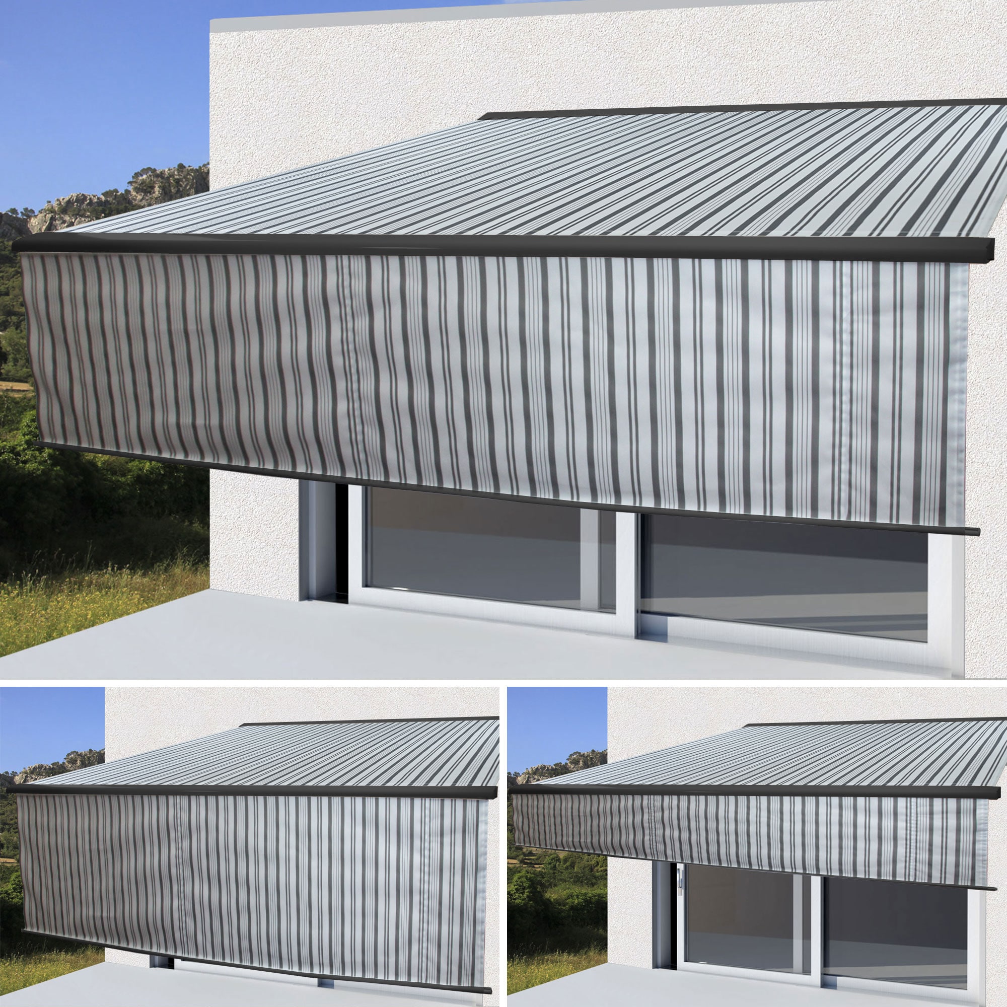 Elektrische Vollkassetten-Markise H124, 5x3m ausfahrbarer Volant ~ Polyester Grau/Wei&szlig;, anthrazit - Bild 1