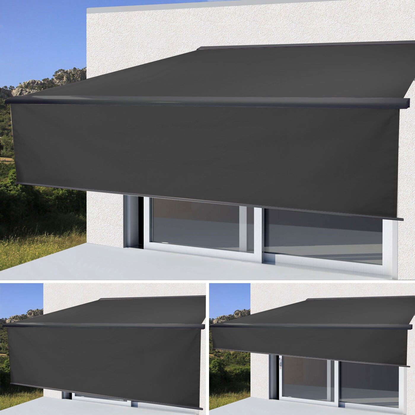 Elektrische Vollkassetten-Markise H124, 5x3m ausfahrbarer Volant ~ Polyester anthrazit, anthrazit