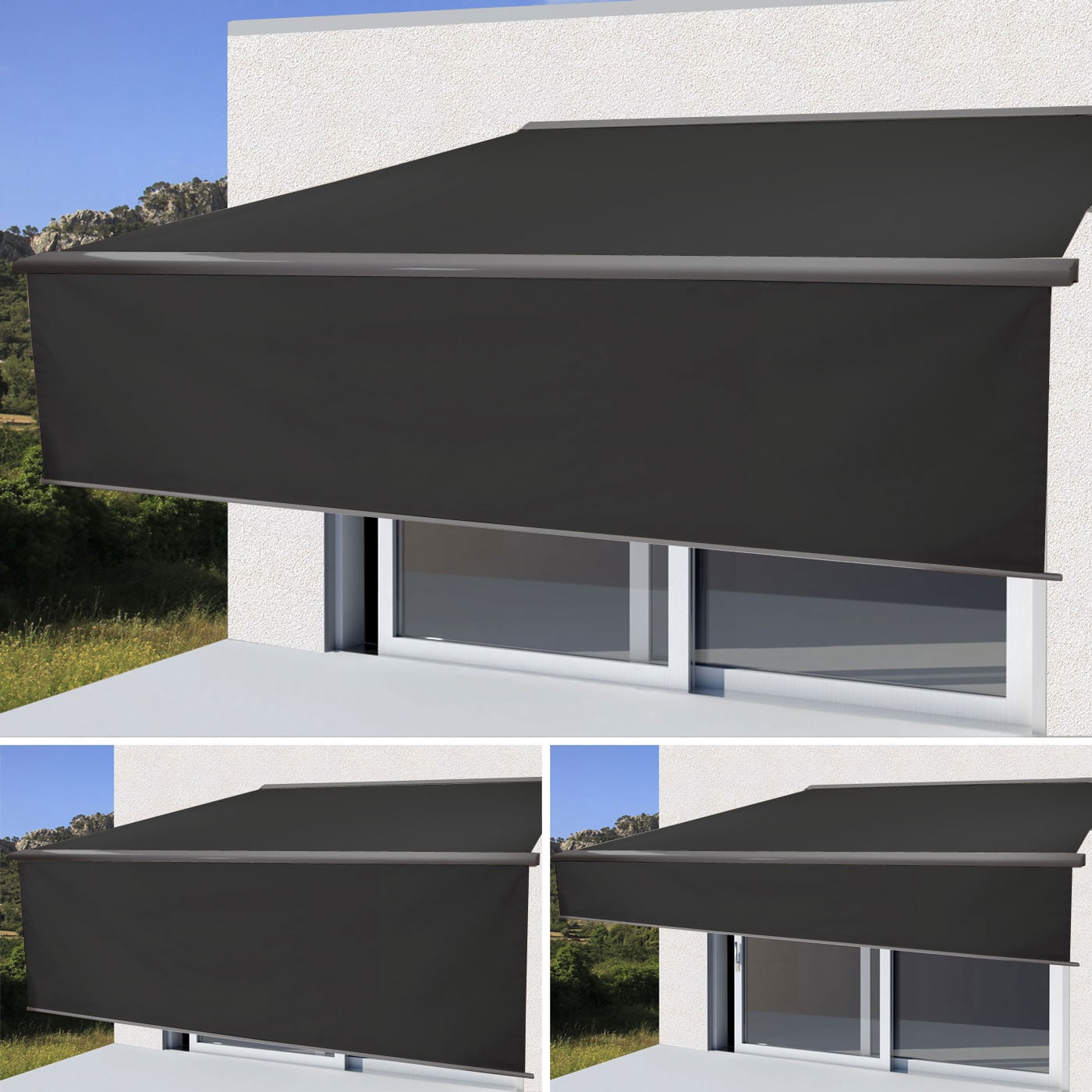 Elektrische Vollkassetten-Markise H124, 4x3m ausfahrbarer Volant ~ Polyester anthrazit, grau - Bild 1