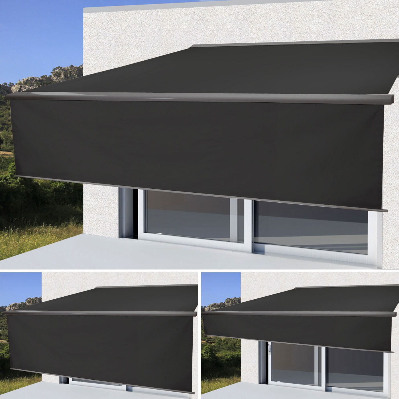 Elektrische Vollkassetten-Markise H124, 4x3m ausfahrbarer Volant ~ Polyester anthrazit, grau
