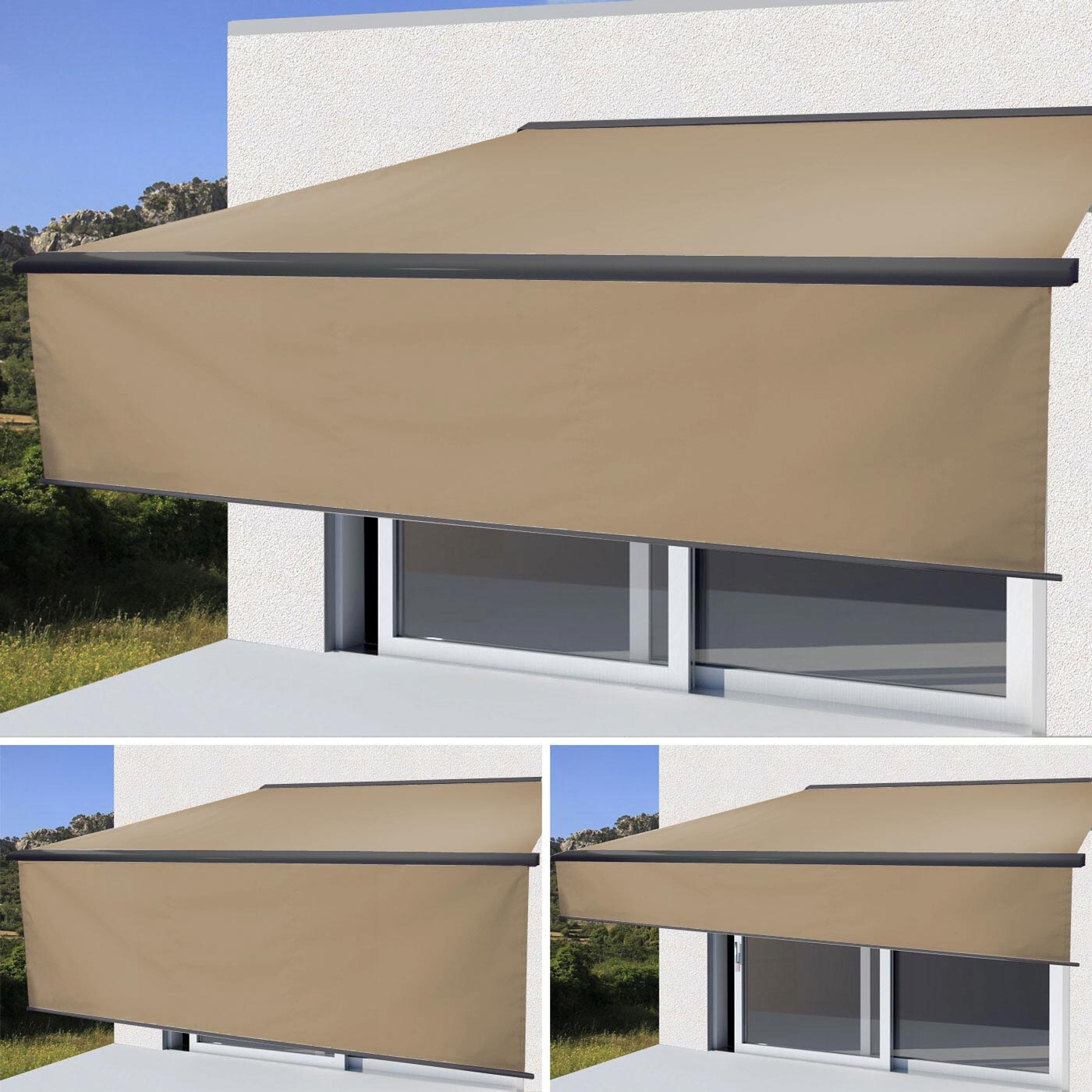 Elektrische Vollkassetten-Markise H124, 4x3m ausfahrbarer Volant ~ Polyester Creme, anthrazit