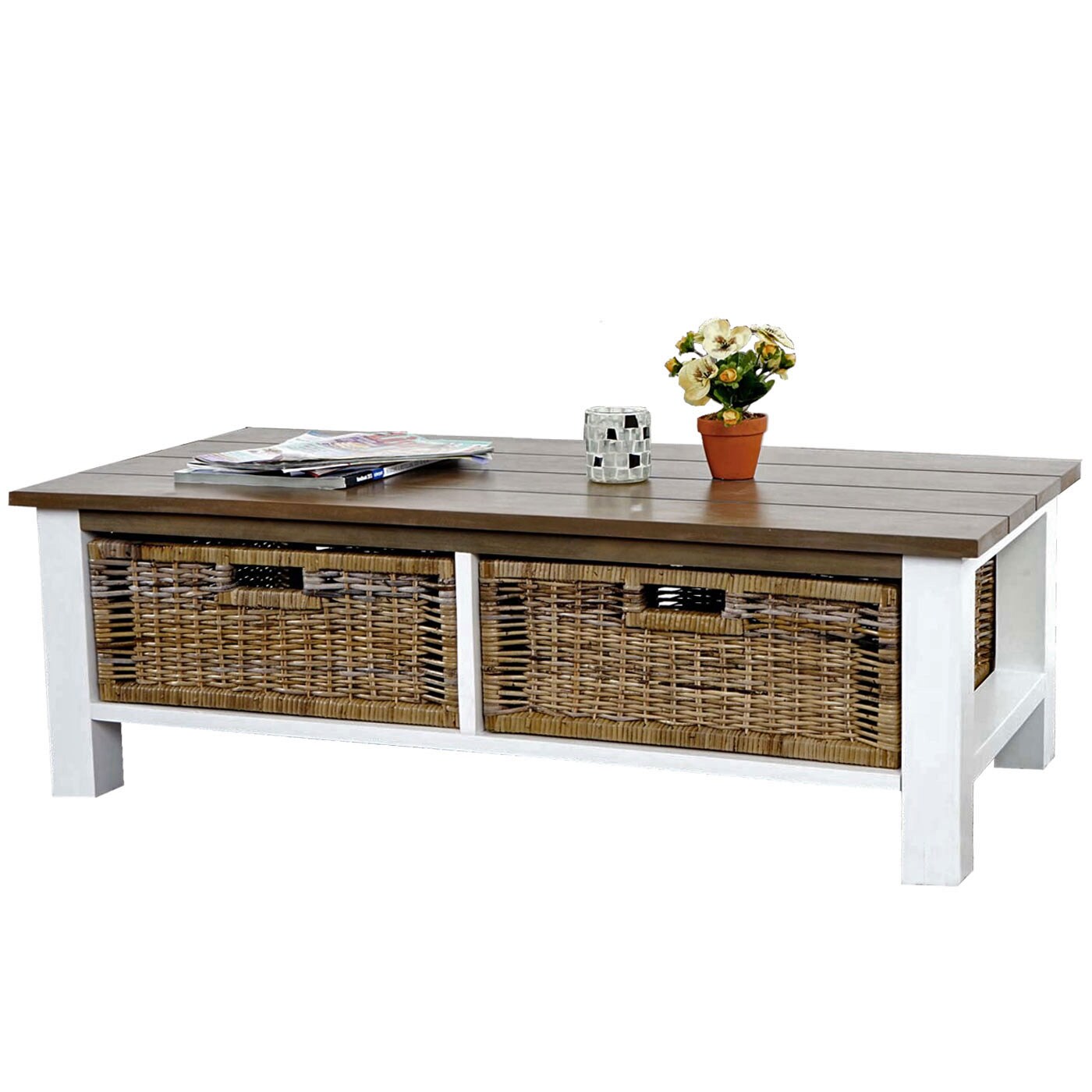 Couchtisch Kalmar, Wohnzimmertisch Beistelltisch Holztisch, 38x112x52cm 2 Körbe