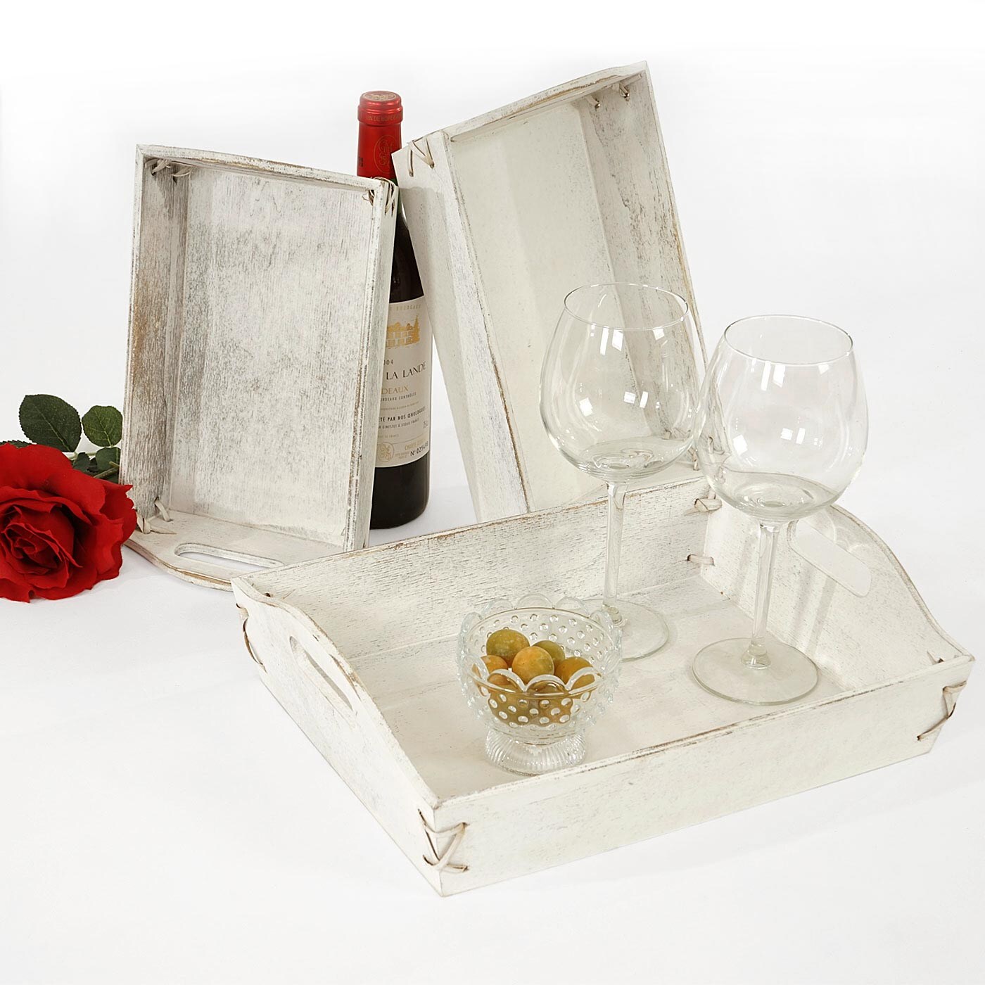 3er Set Tablett MCW-C50, Serviertablett Holztablett Frühstückstablett Dekotablett, Shabby-Look Vintage ~ weiß, shabby | 04057651027890