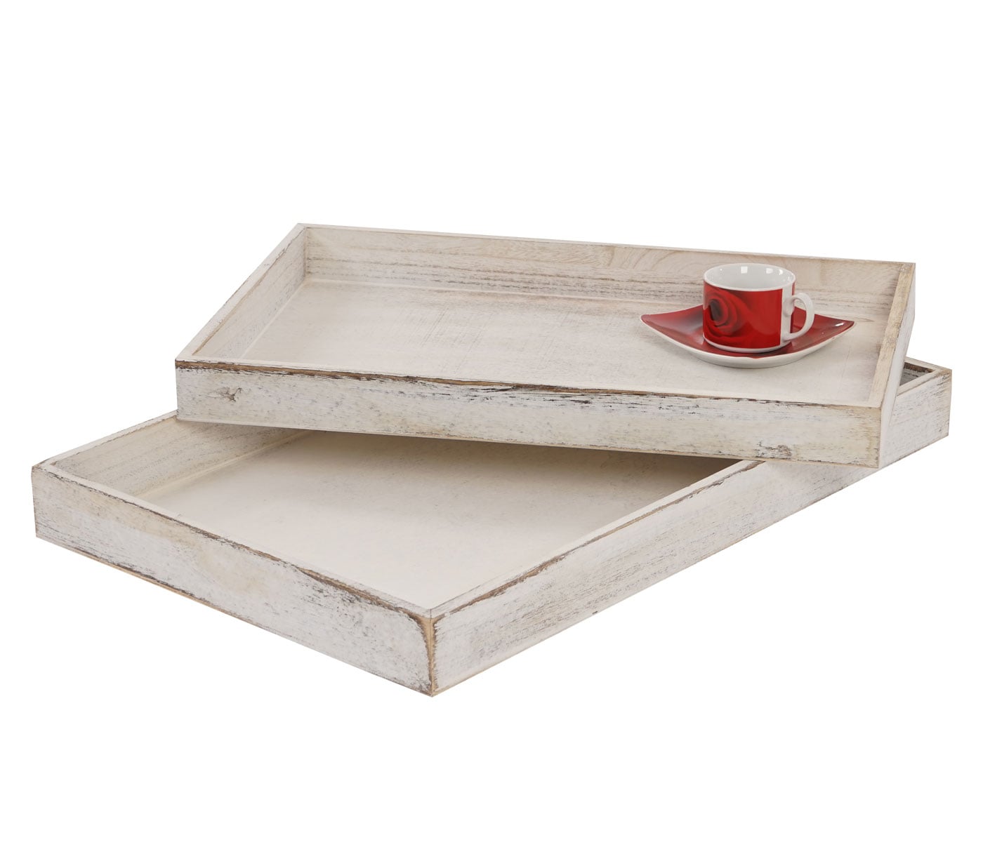 2er Set Schale H285, Serviertablett Fr&uuml;hst&uuml;ckstablett Holztablett Dekotablett, Shabby-Look Vintage ~ wei&szlig; - Bild 1