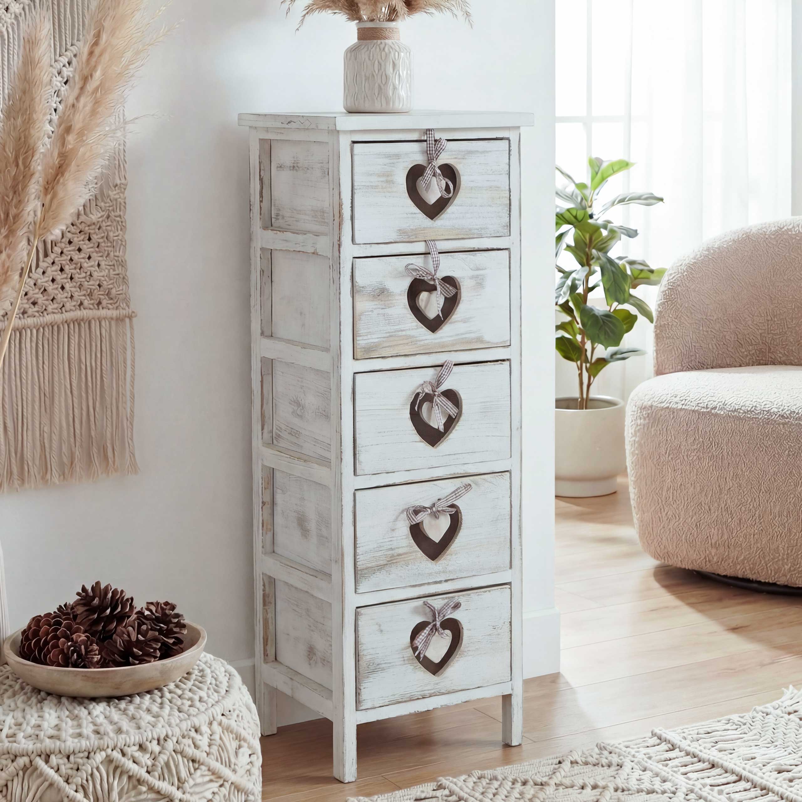 Kommode Sues, Schubladenkommode Schrank, 5 Schubladen mit Herzen 86x29x25cm, Shabby-Look, Vintage - Bild 1