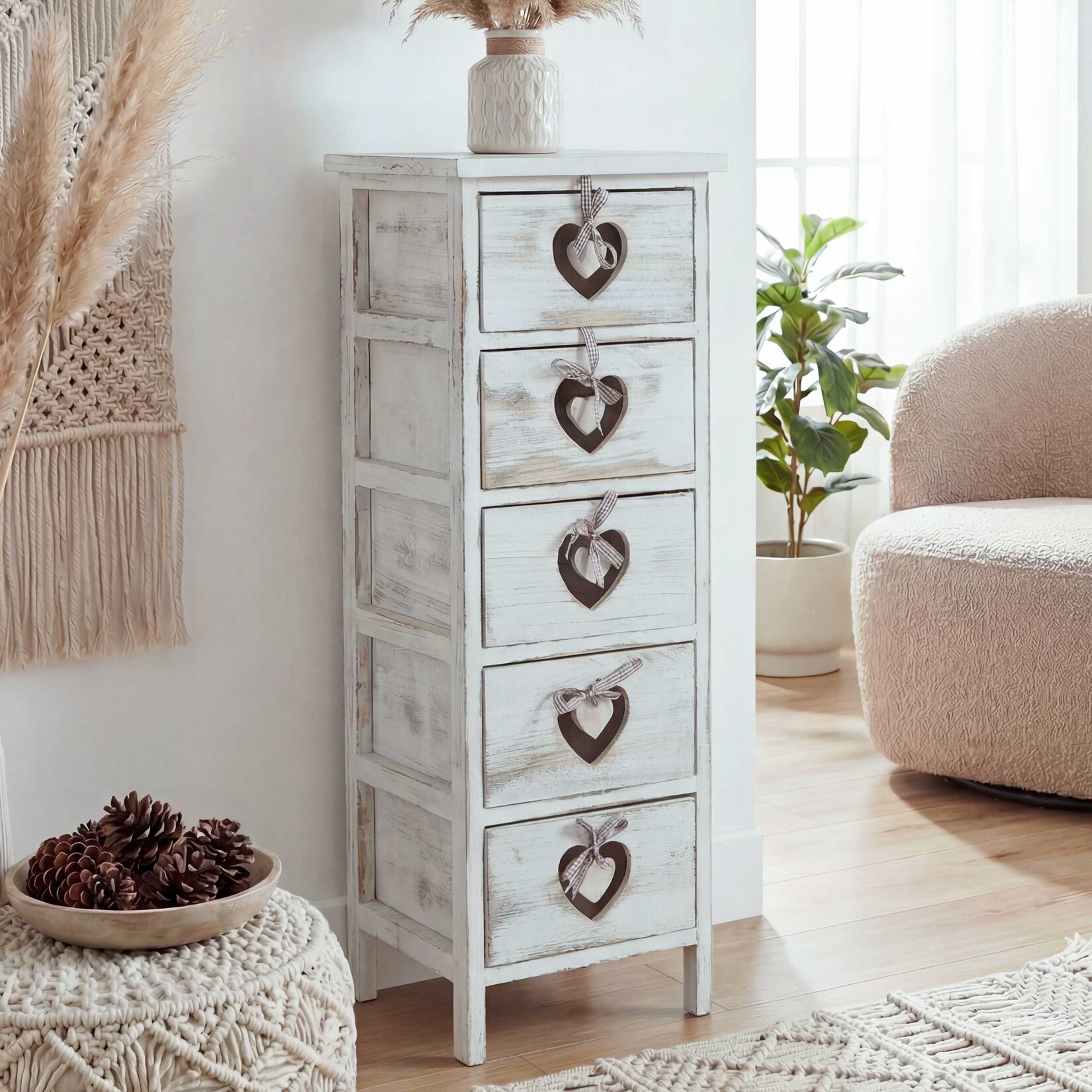 Kommode Sues, Schubladenkommode Schrank, 5 Schubladen mit Herzen 86x29x25cm, Shabby-Look, Vintage