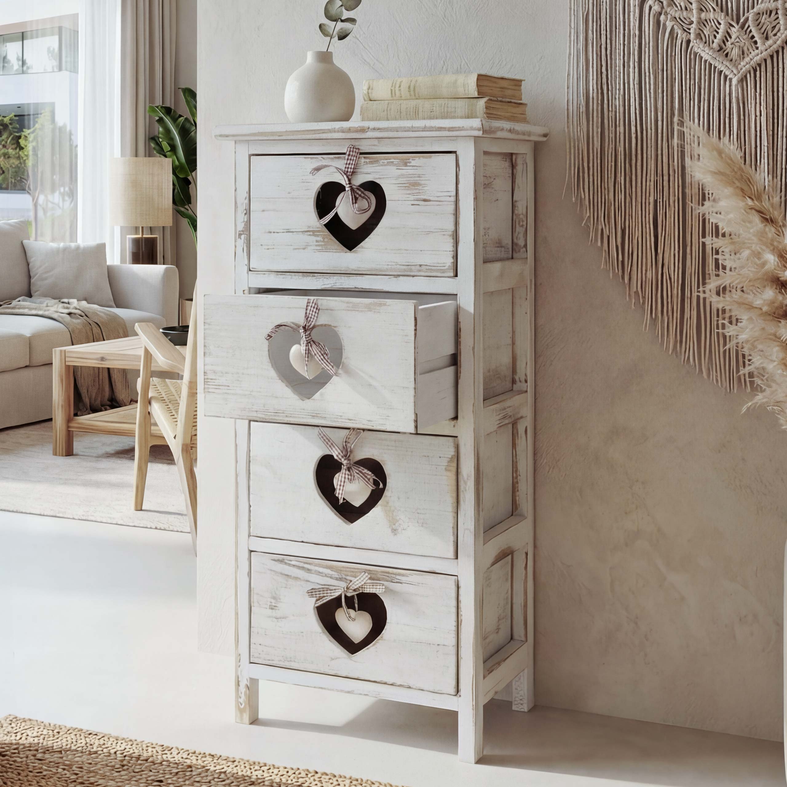 Kommode Sues, Schubladenkommode Schrank, 4 Schubladen mit Herzen 70x29x25cm, Shabby-Look, Vintage ~ wei&szlig; - Bild 1