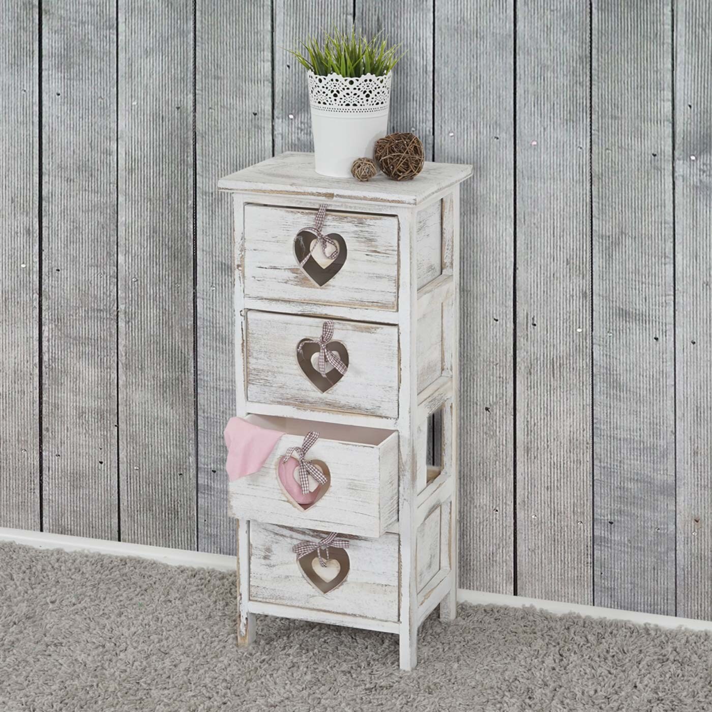 Kommode Sues, Schubladenkommode Schrank, 4 Schubladen mit Herzen 70x29x25cm, Shabby-Look, Vintage ~ weiß | 04052826197286