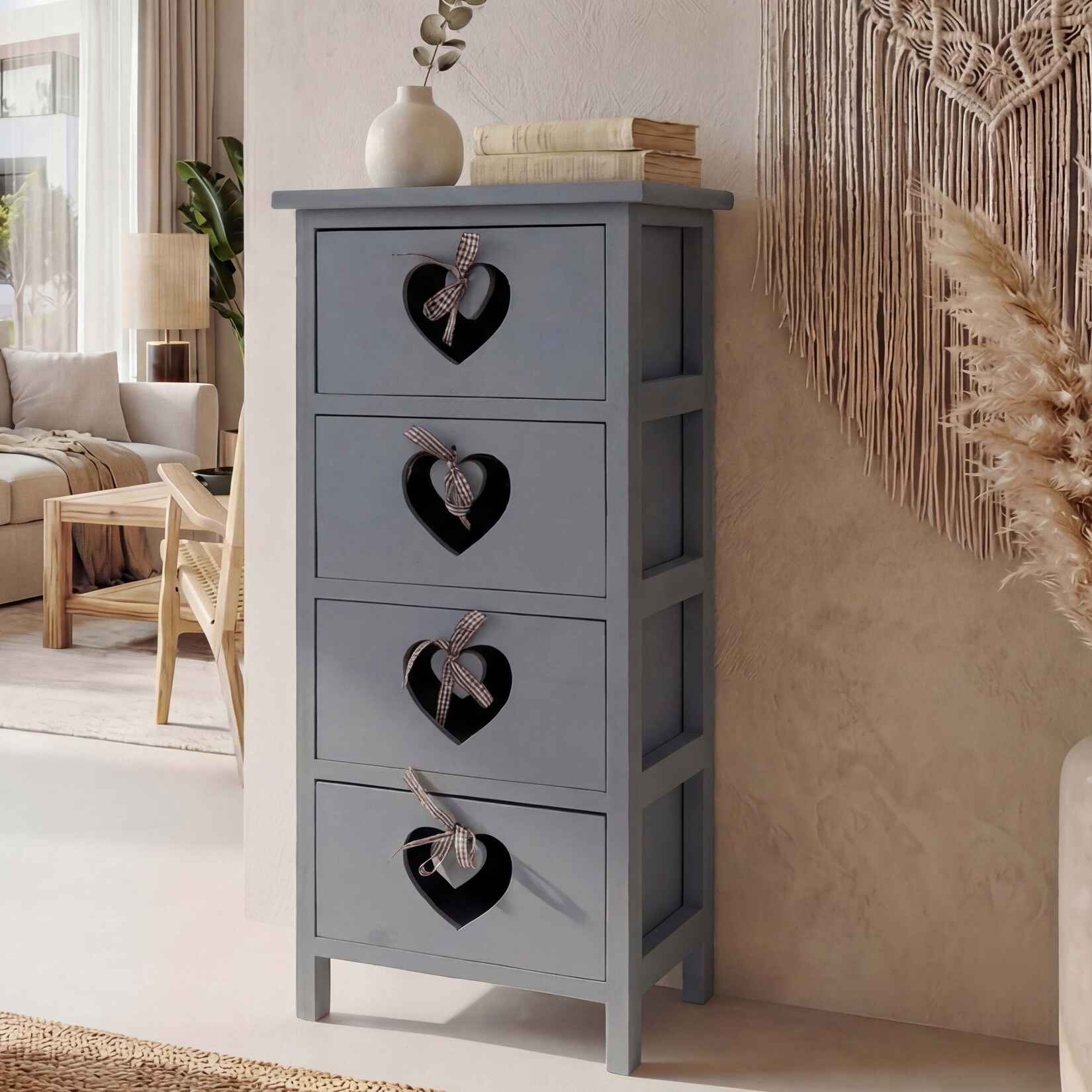 Kommode Sues, Schubladenkommode Schrank, 4 Schubladen mit Herzen 70x29x25cm, Shabby-Look, Vintage ~ grau-blau