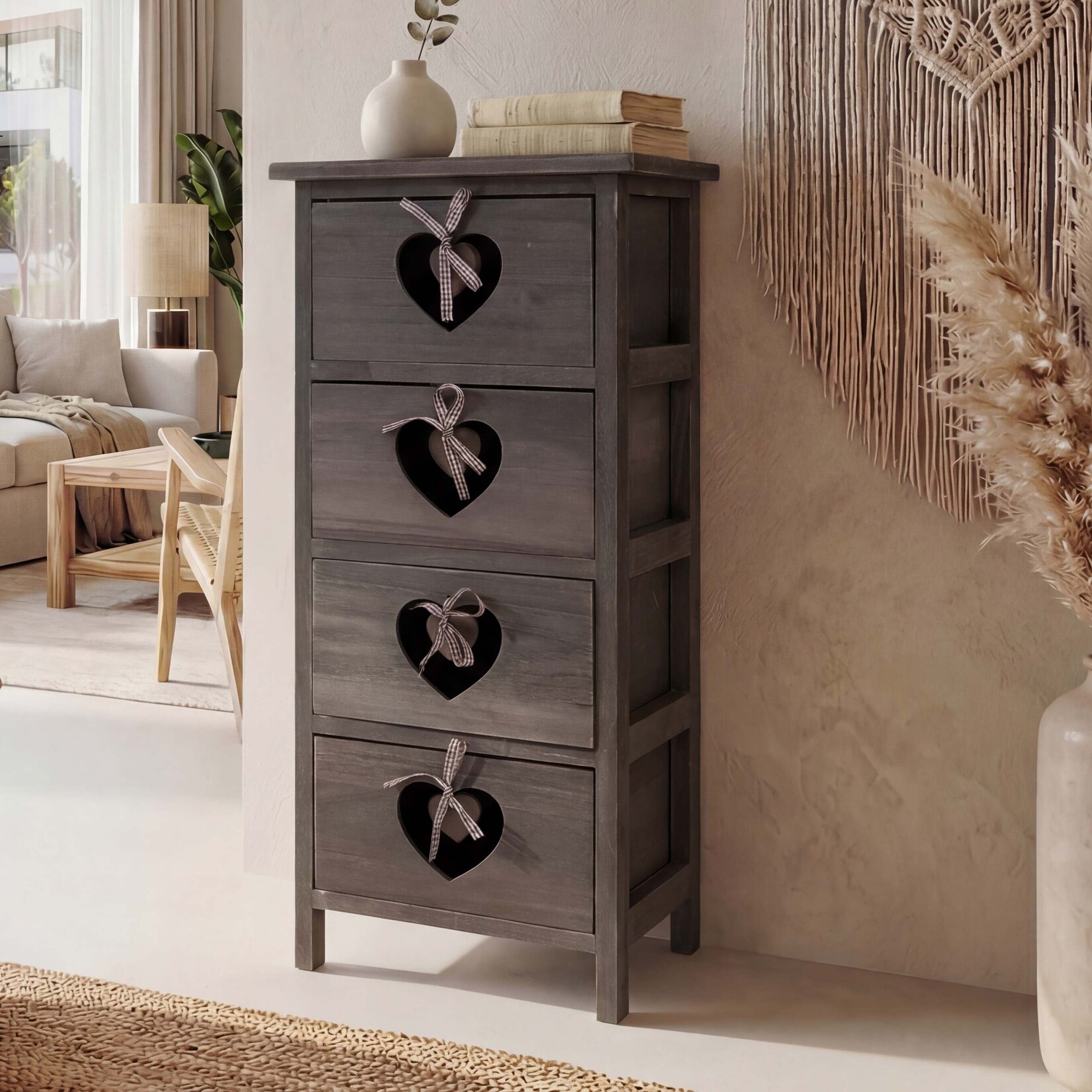 Kommode Sues, Schubladenkommode Schrank, 4 Schubladen mit Herzen 70x29x25cm, Shabby-Look, Vintage ~ grau-braun