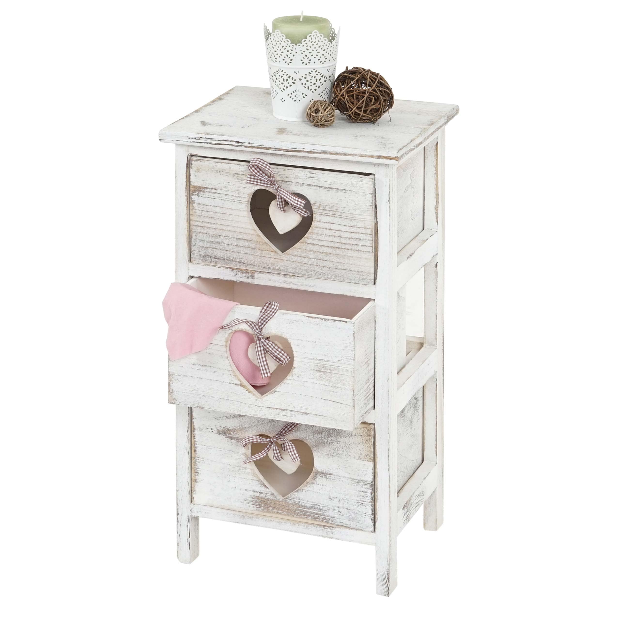 Kommode Sues, Schubladenkommode Schrank, 3 Schubladen mit Herzen 55x29x25cm, Shabby-Look, Vintage - Bild 1