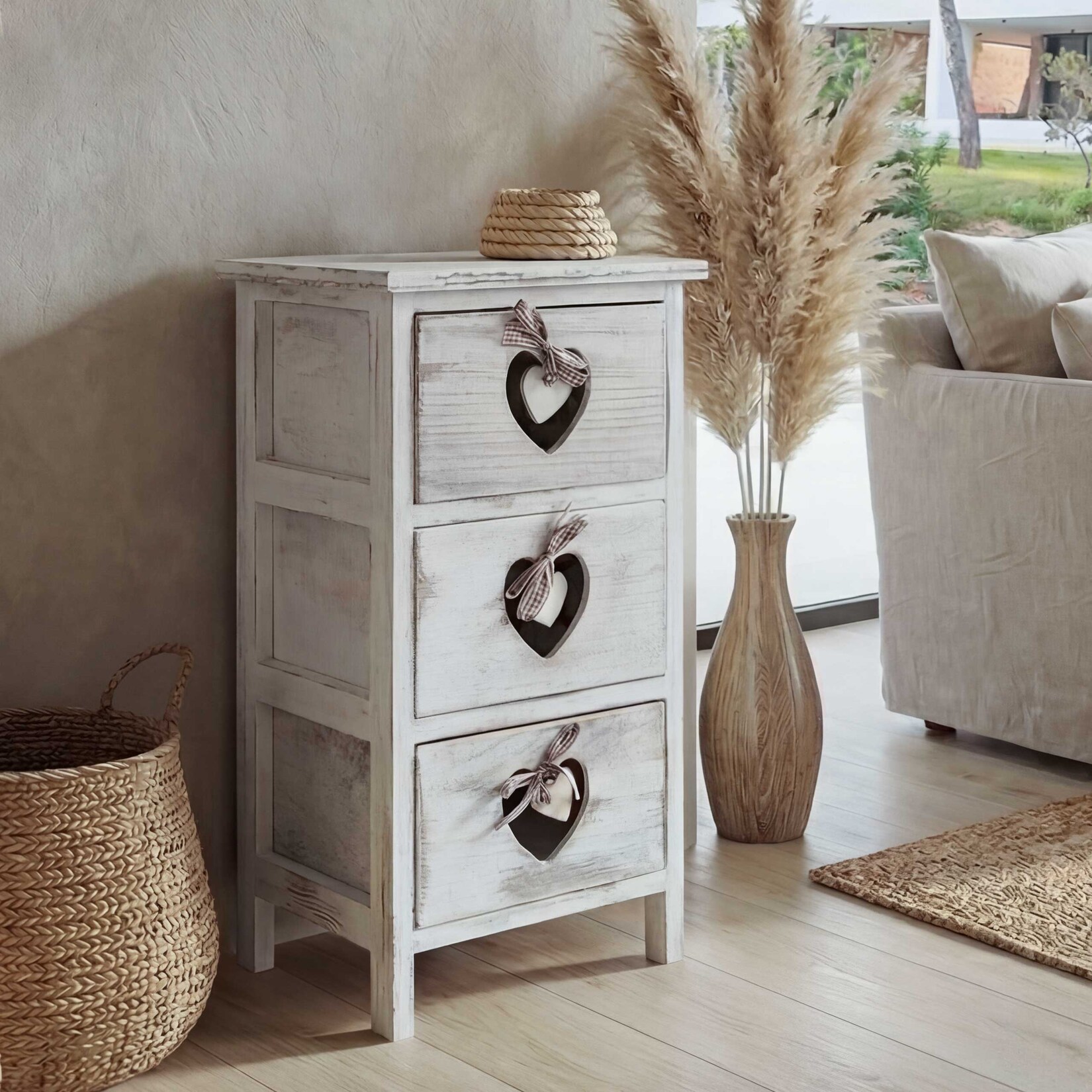 Kommode Sues, Schubladenkommode Schrank, 3 Schubladen mit Herzen 55x29x25cm, Shabby-Look, Vintage