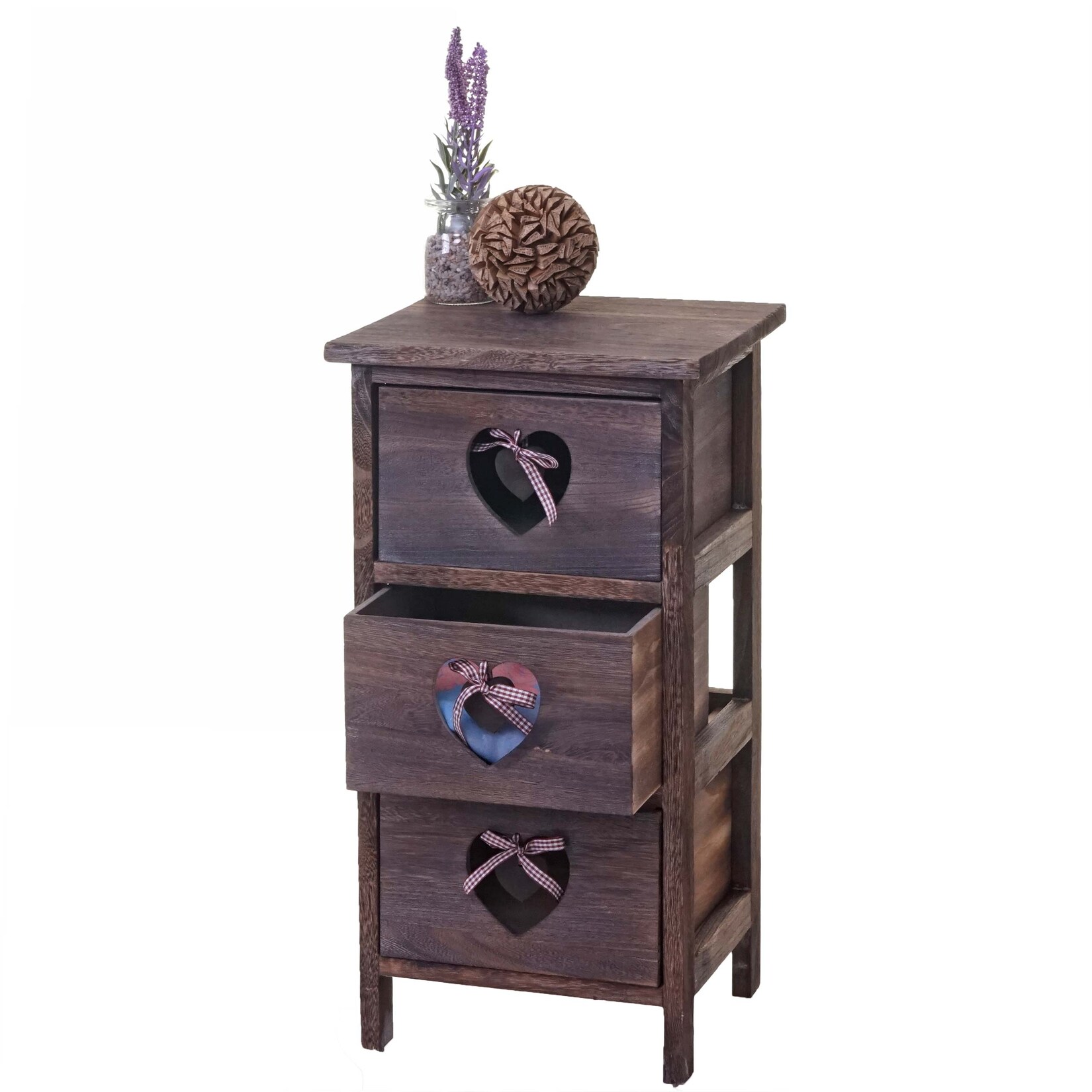 Kommode Sues, Schubladenkommode Schrank, 3 Schubladen mit Herzen 55x29x25cm, Shabby-Look, Vintage ~ braun | 04057651275406