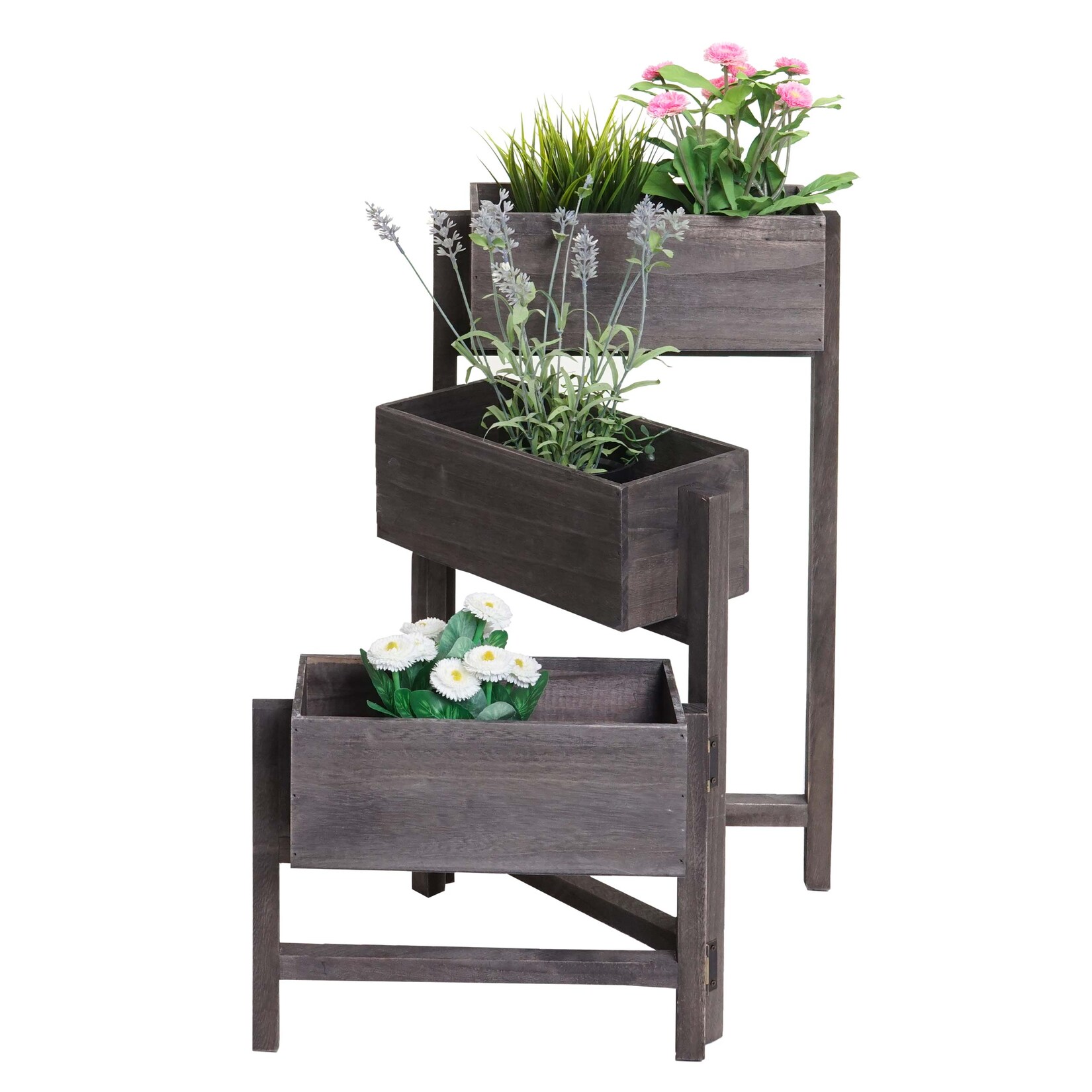 Pflanzregal H275, Standregal Blumenständer Pflanzkasten, 65x108x15cm, Holz Shabby-Look Vintage ~ grau-braun