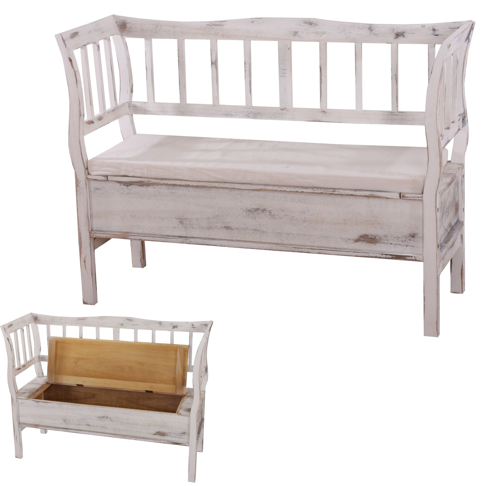 Sitzbank H207, Bank Truhenbank Holzbank Aufbewahrungstruhe, Staufach Kissen Holz 119cm ~ weiß, shabby | 04052826164929